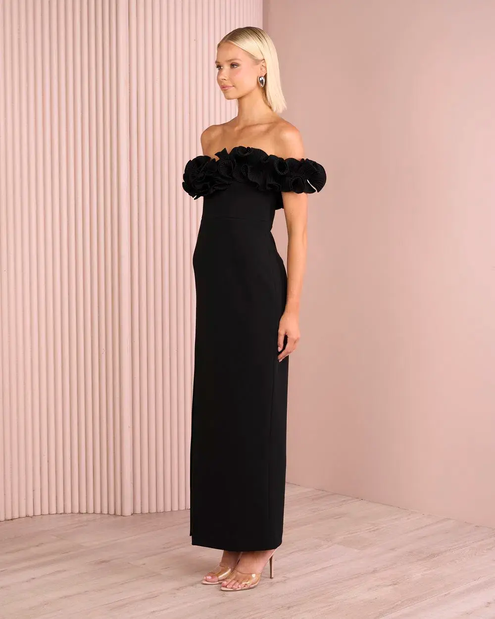 Elle Zeitoune Farley Frill Off Shoulder Maxi Gown Black Size AU 10 for rent on The Volte - main image