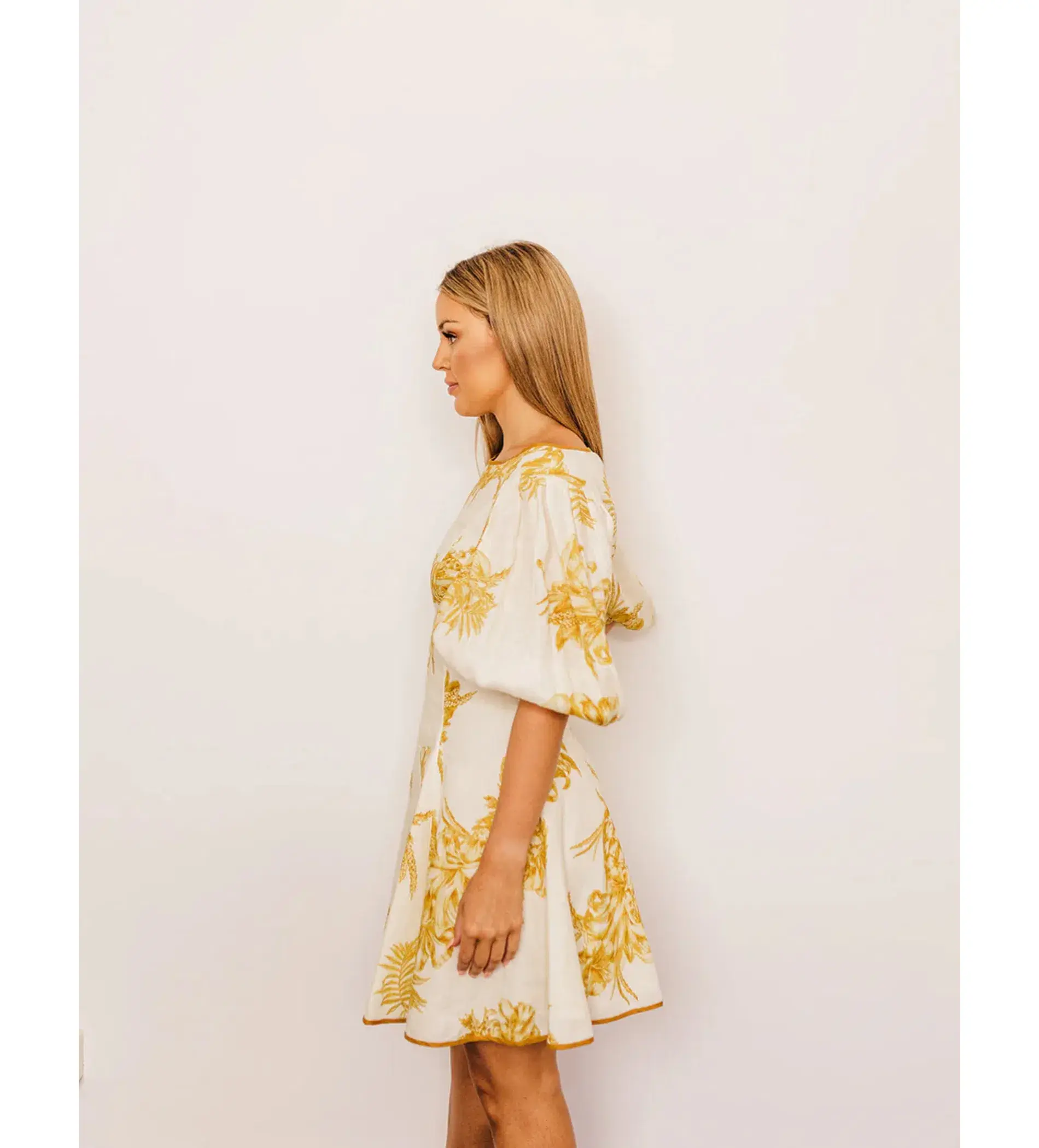 Zimmermann Empire Linen Puff Sleeve Mini Dress in Gold Size 0 /AU 8  - Image 2