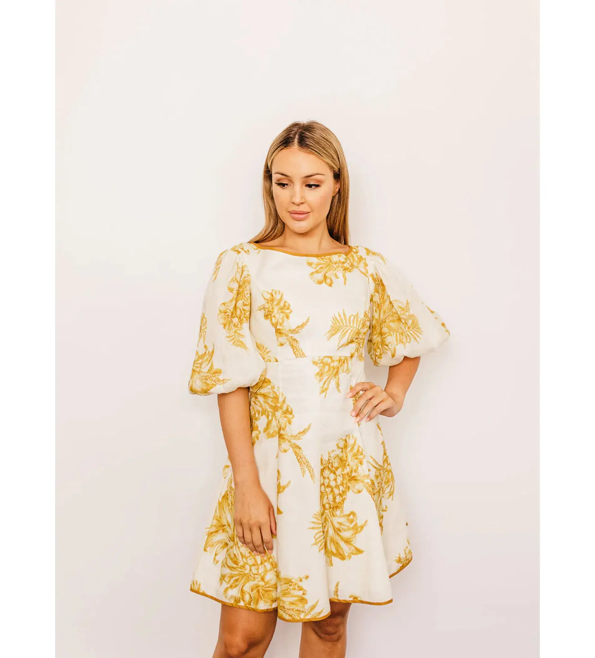 Zimmermann Empire Linen Puff Sleeve Mini Dress in Gold Size 0 /AU 8  - Image 1