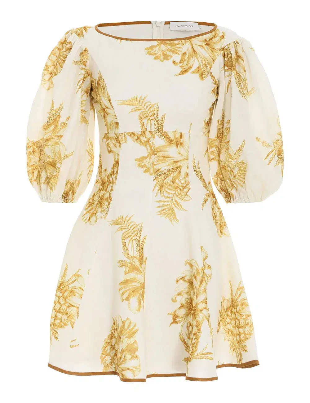 Zimmermann Empire Linen Puff Sleeve Mini Dress in Gold Size 0 /AU 8  for rent on The Volte - main image