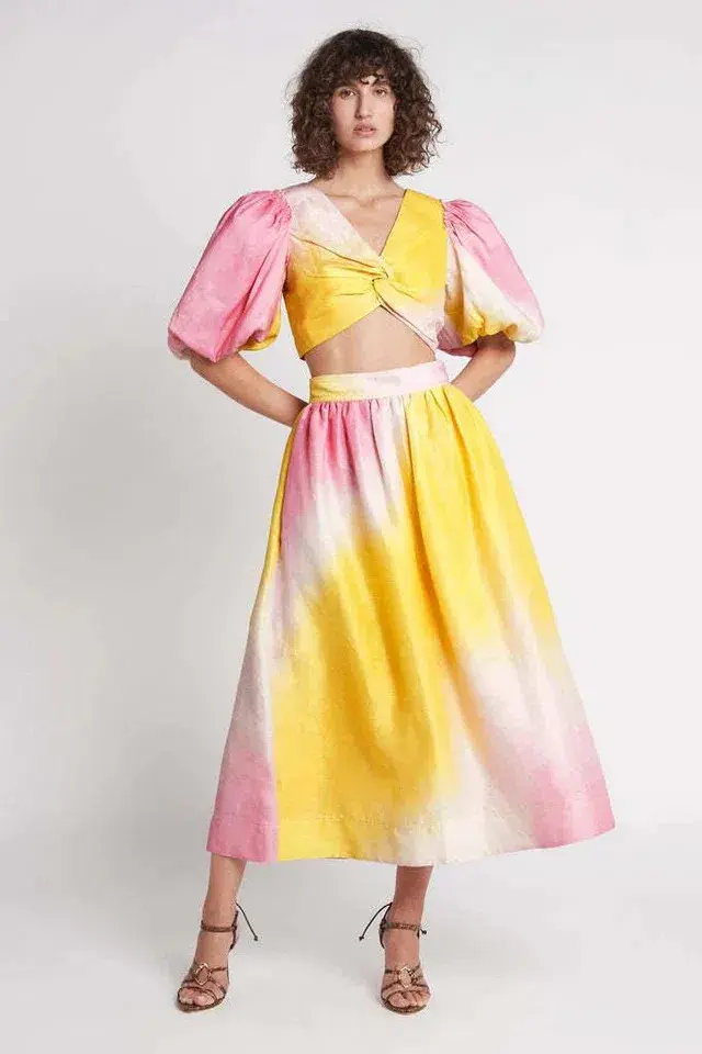 Aje Cloudburst Puff Sleeve Crop & Midi Skirt Multi Size 12 - Image 1