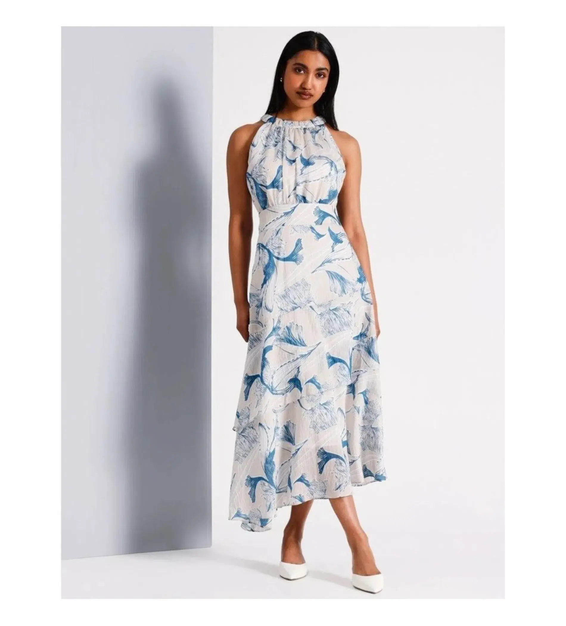 Basque Gathered Neck Asymmetric Midi Dress Abstract Floral Size AU 16 - Image 1