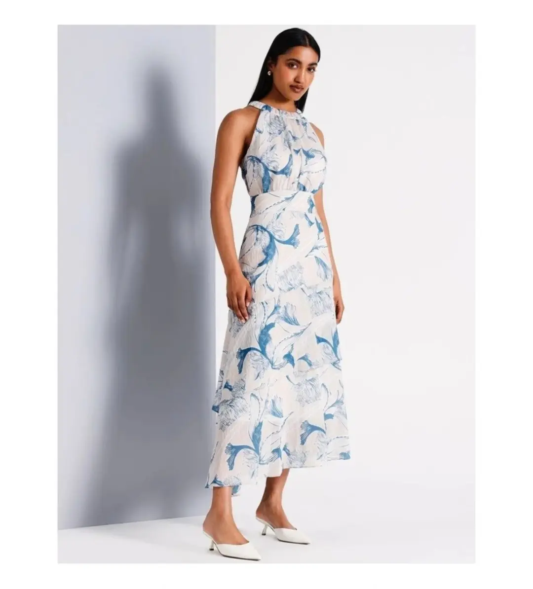 Basque Gathered Neck Asymmetric Midi Dress Abstract Floral Size AU 16 for rent on The Volte - main image