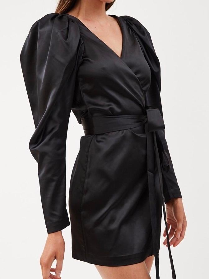 Rotate Puff Sleeve V Neck Mini Dress Black Size 6 - Image 2