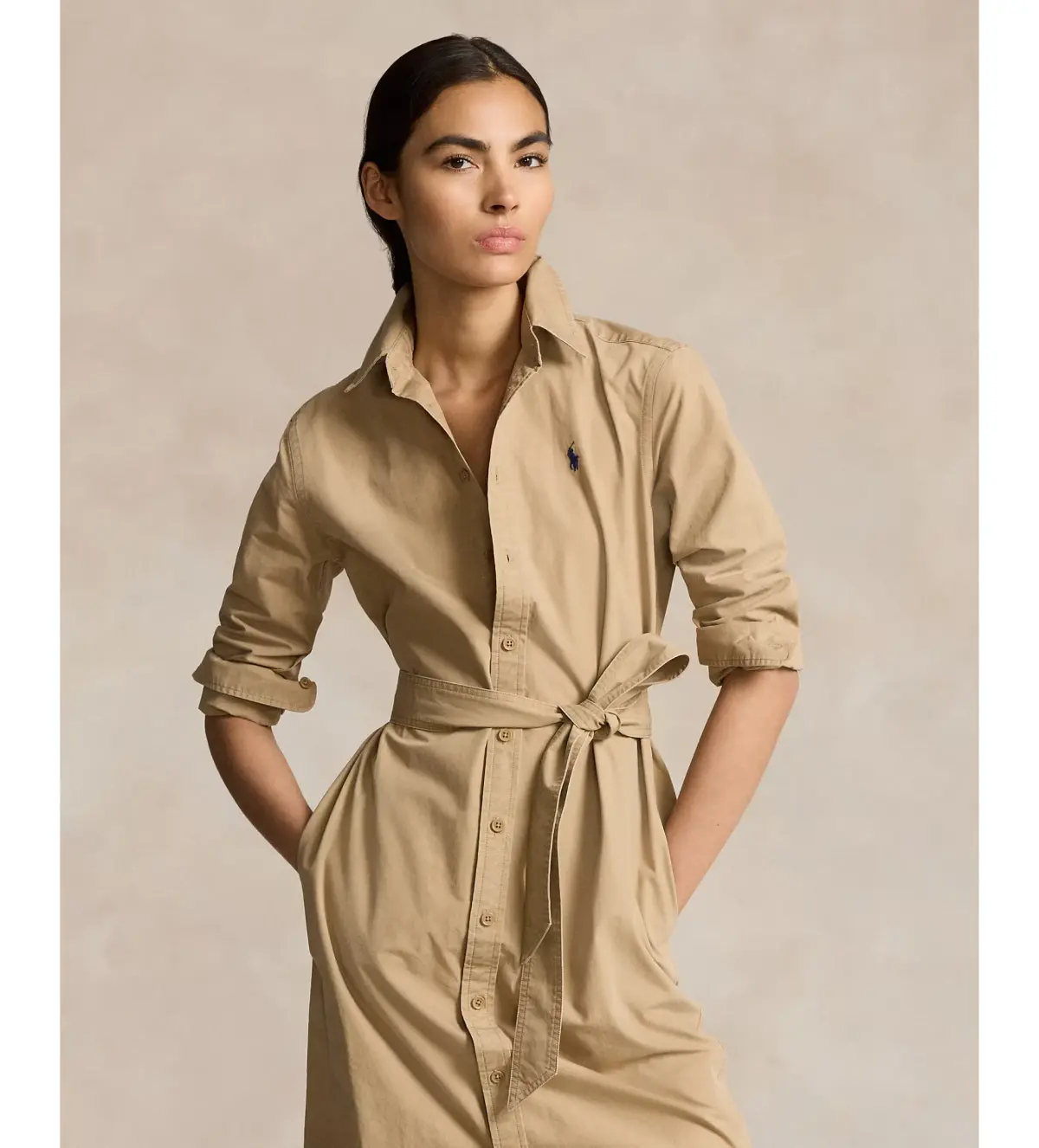 Ralph Lauren Polo Belted Cotton Midi Shirt Dress Beige Size 10 - Image 2
