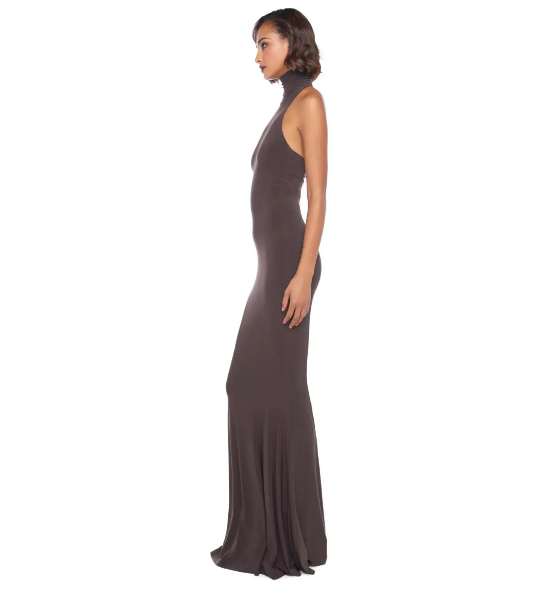 Norma Kamali Halter Turtle Fishtail Gown Chocolate Size AU 8 for rent on The Volte - main image