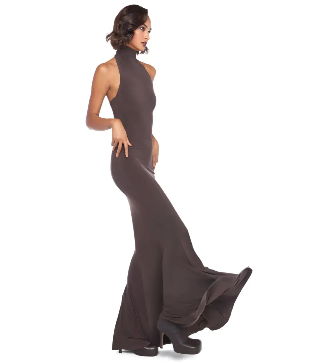Norma Kamali Halter Turtle Fishtail Gown Chocolate Size AU 8 for rent on The Volte - main image