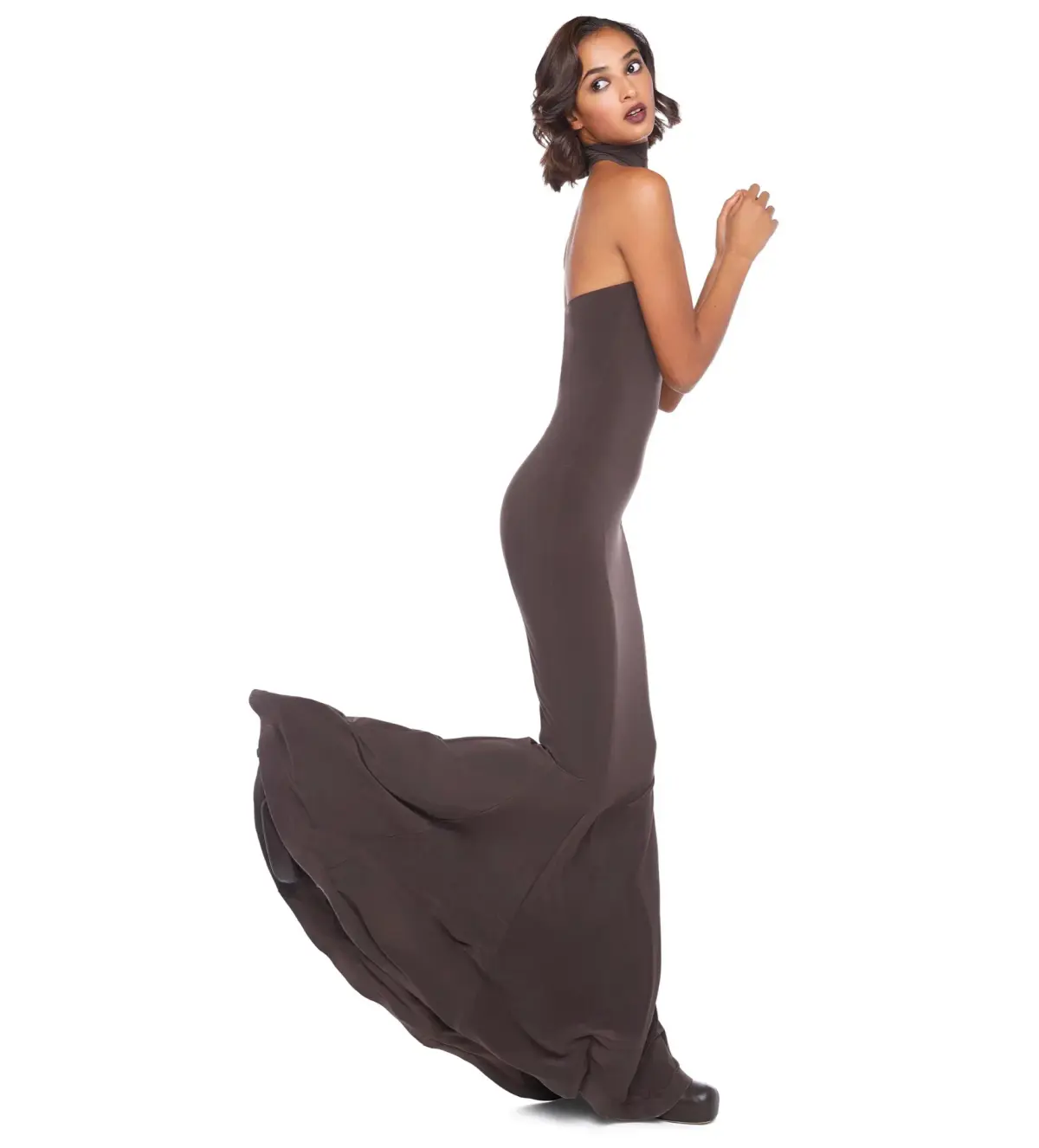 Norma Kamali Halter Turtle Fishtail Gown Chocolate Size AU 8 - Image 4