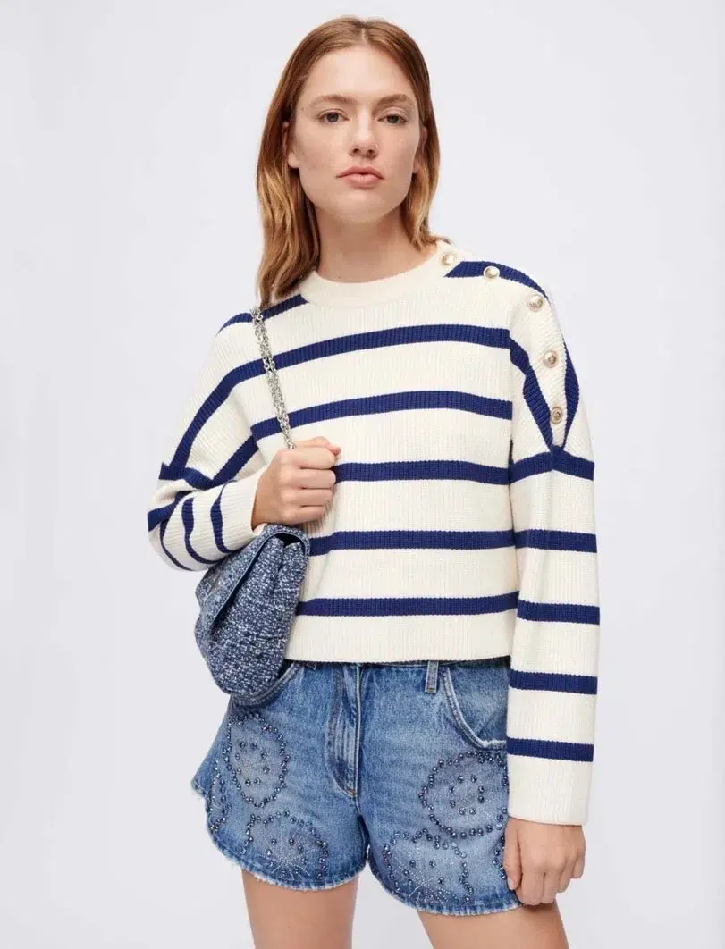 Maje Marine Striped Rib Sweater Size 10/1 - Image 1