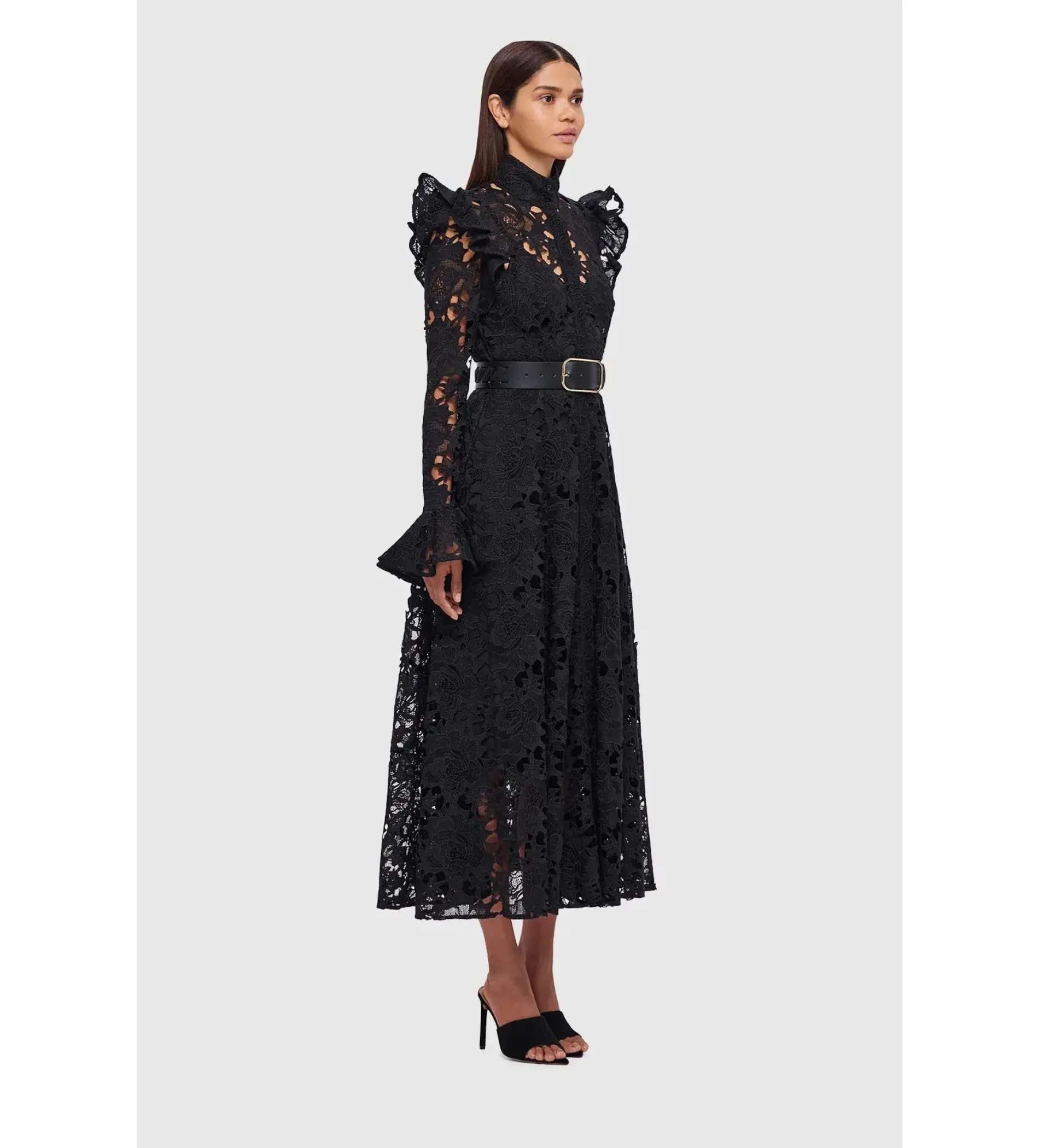 Leo Lin Lace Butterfly Sleeve Midi Dress Ebony Size AU 14 - Image 3