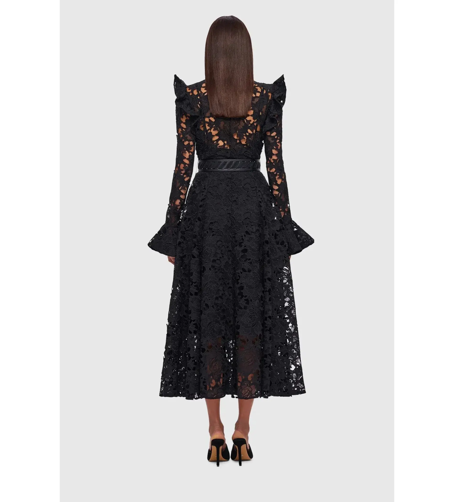 Leo Lin Lace Butterfly Sleeve Midi Dress Ebony Size AU 14 - Image 4