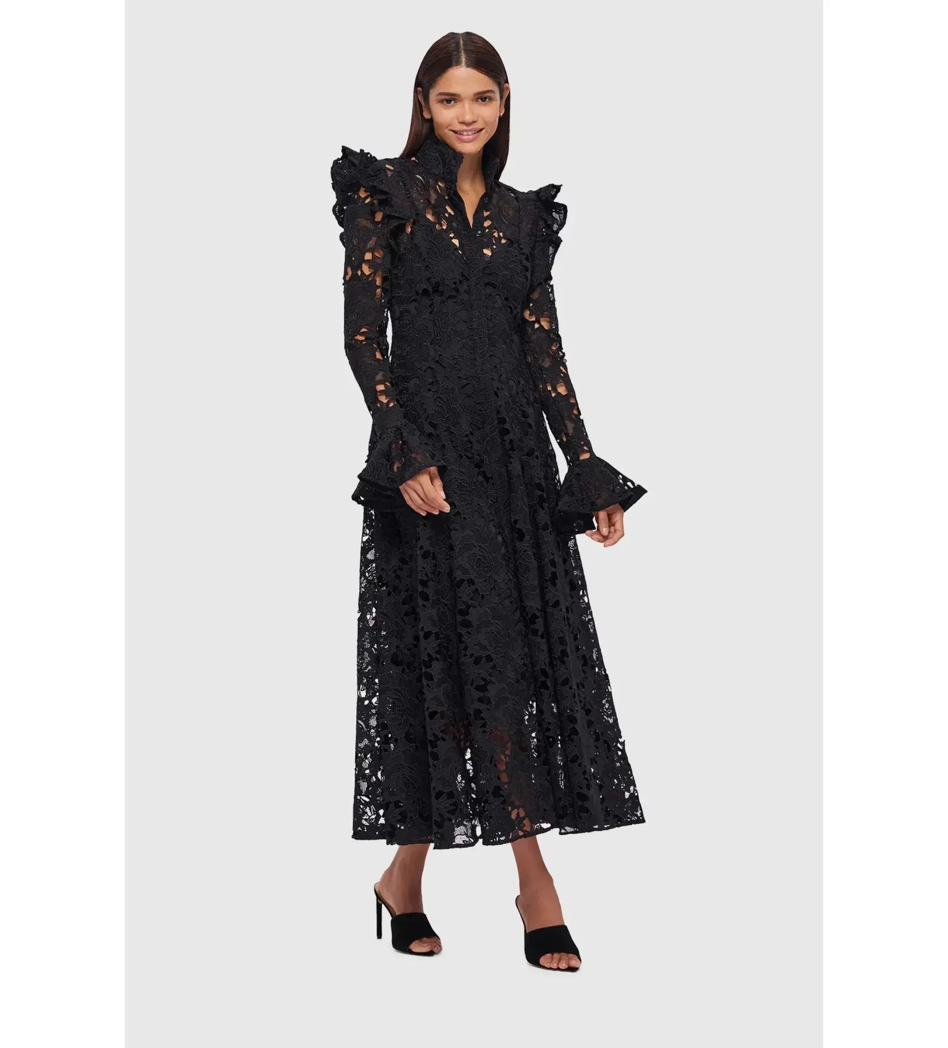 Leo Lin Lace Butterfly Sleeve Midi Dress Ebony Size AU 14 - Image 2