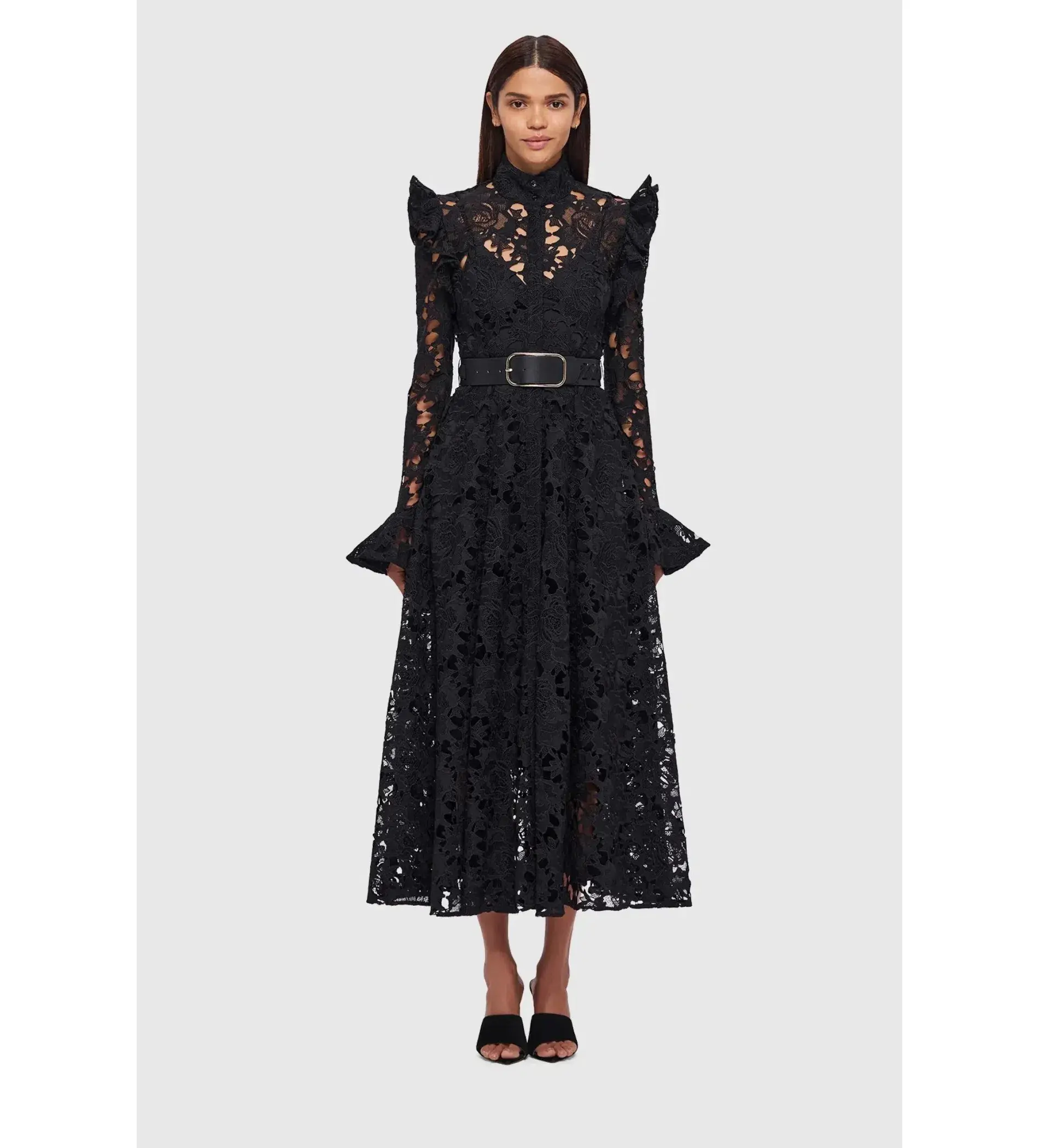 Leo Lin Lace Butterfly Sleeve Midi Dress Ebony Size AU 14 - Image 1