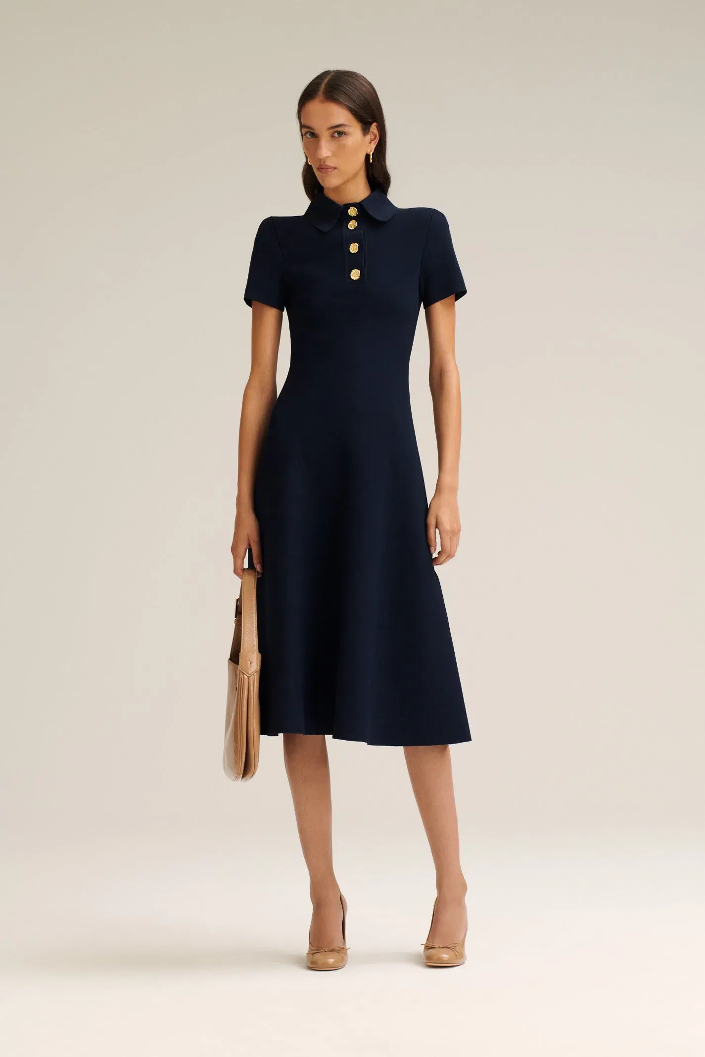 Scanlan Theodore Crepe Knit Poppy Shirt Midi Dress in Navy Size 10 - Image 1