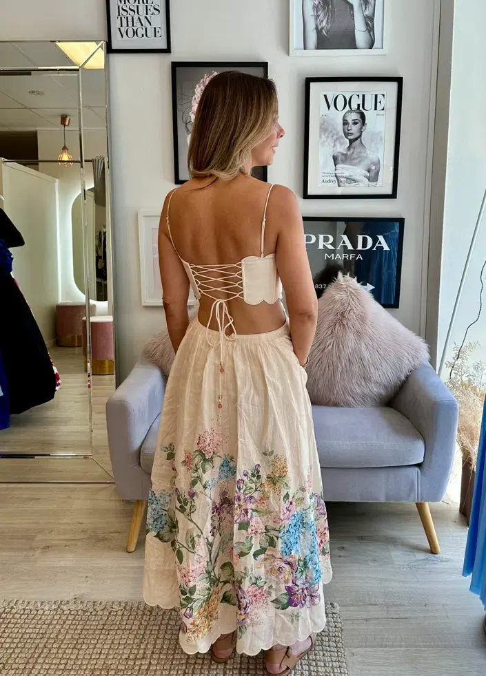 Zimmermann Halliday Scallop Midi Dress in Cream Watercolour Floral Size 4 / AU14-16 - Image 3