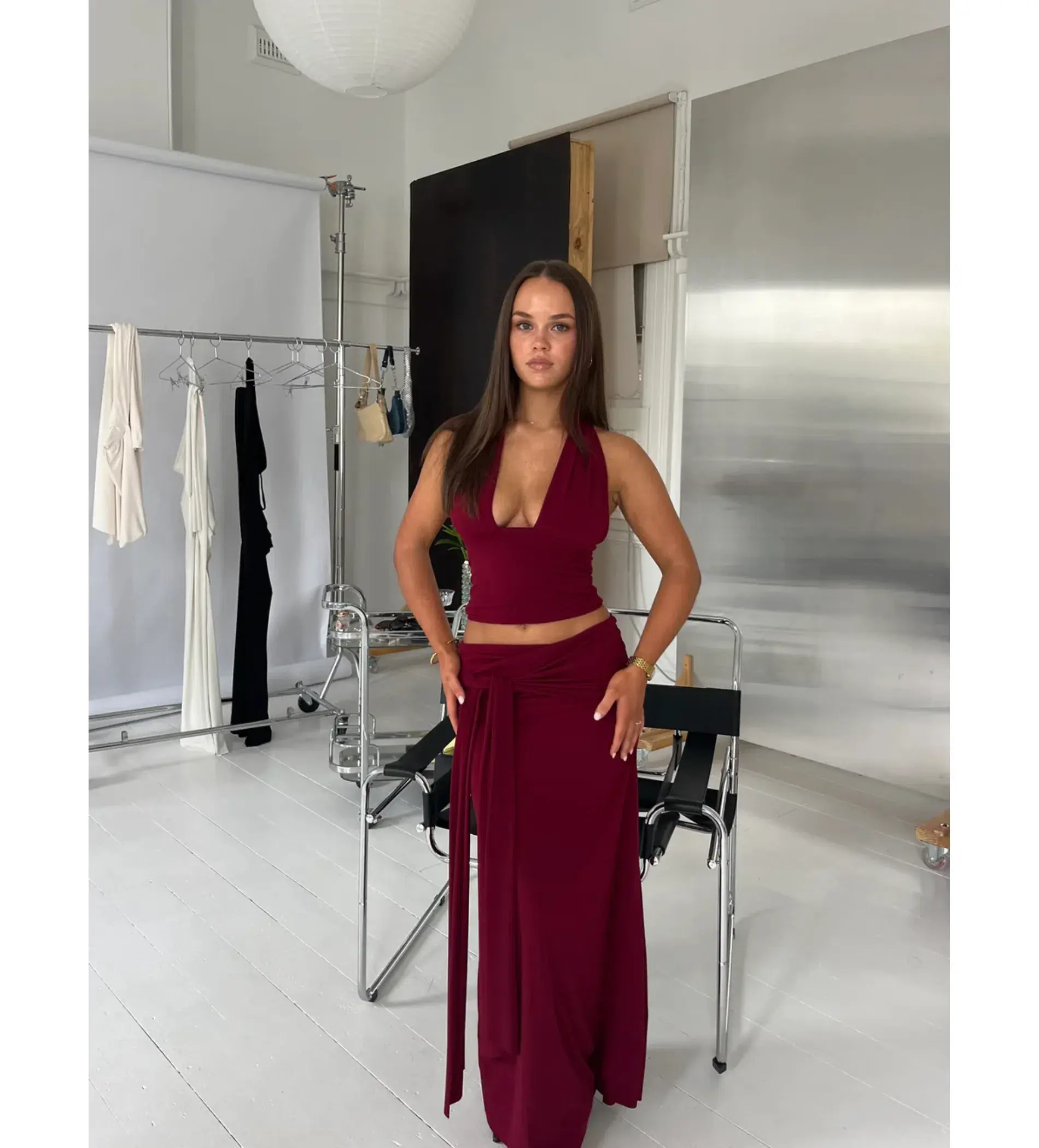 LaMarie Sofia Halter Top and Low Rise Sash Maxi Skirt Set Wine Size XS -S/AU 6 - 8 - Image 2
