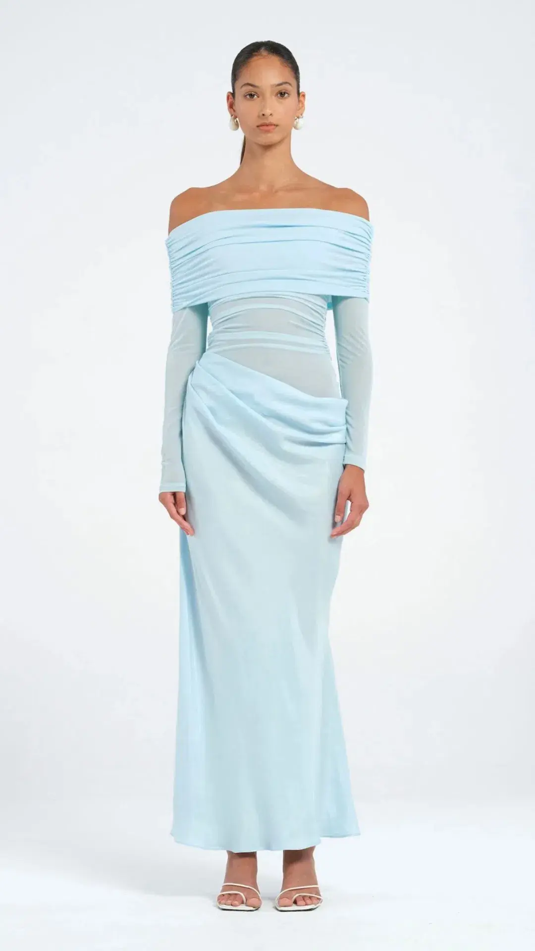 Benni  Yasmin Off Shoulder Dress Maxi Baby Blue Size AU 8 for rent on The Volte - main image
