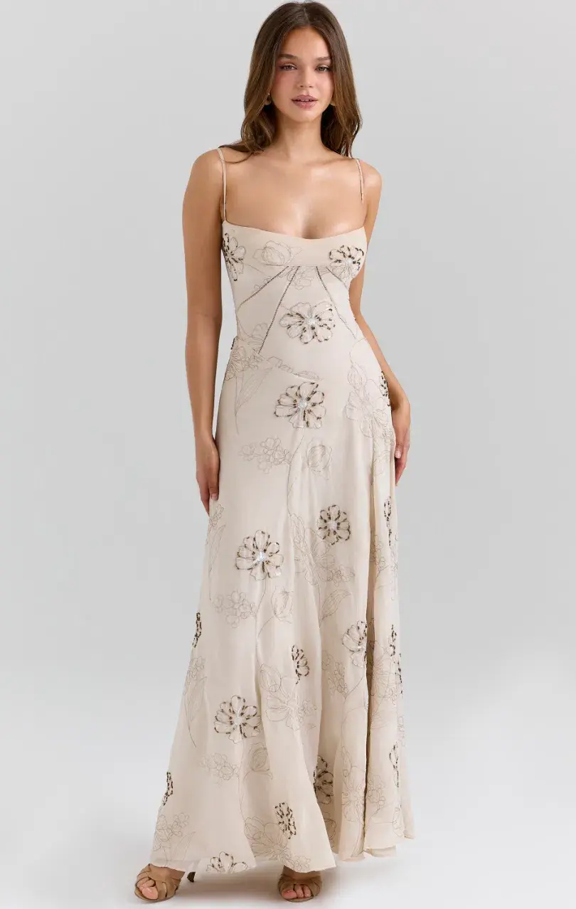 House of CB Seren vanilla embroidered hand beaded floral maxi dress Regular Cup Size S - Image 1