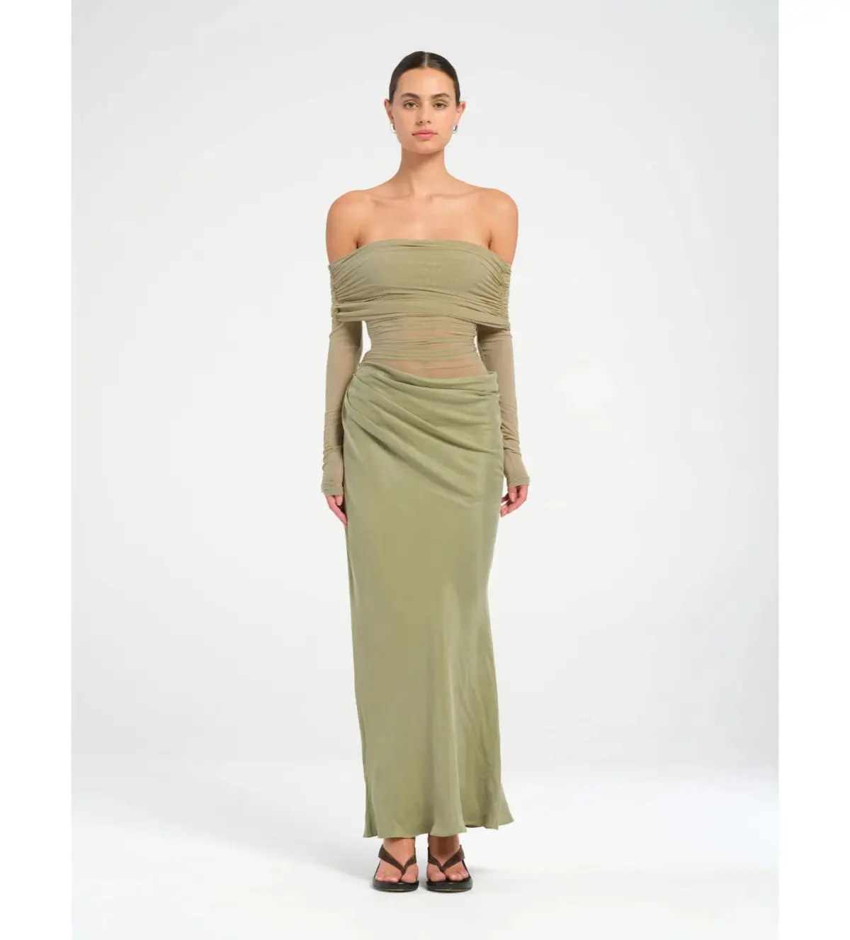 Benni Yasmin Off-Shoulder Maxi Dress in Pistachio Size XL / AU 14 - Image 1