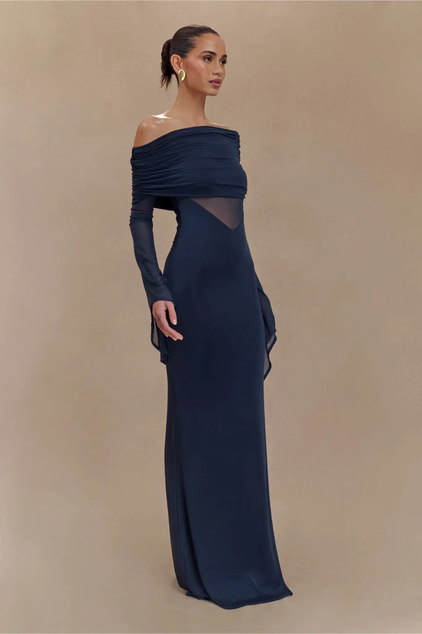 MESHKI Kaitlin One Shoulder Slinky And Mesh Maxi Dress Midnight Blue Size S / Size AU 8 - Image 3