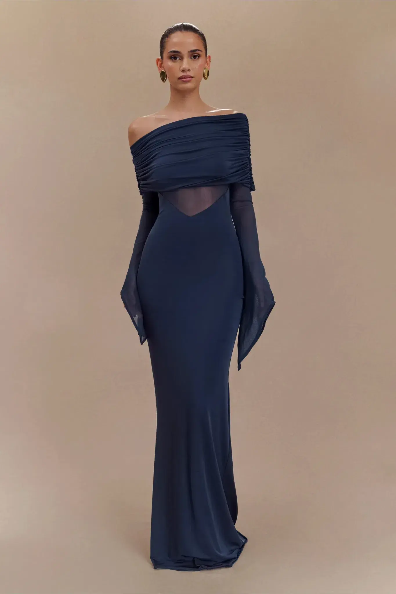 MESHKI Kaitlin One Shoulder Slinky And Mesh Maxi Dress Midnight Blue Size S / Size AU 8 - Image 1