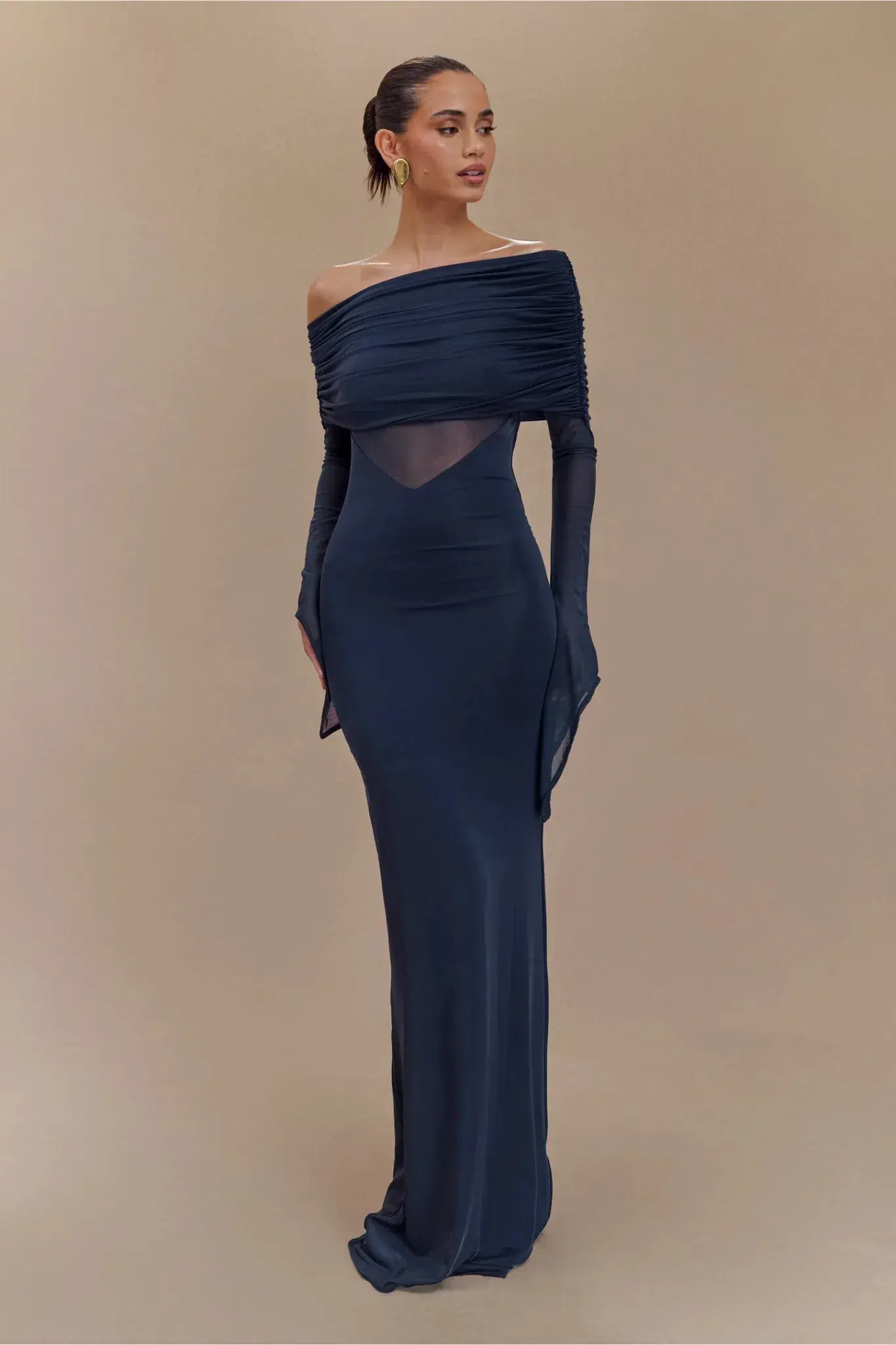 MESHKI Kaitlin One Shoulder Slinky And Mesh Maxi Dress Midnight Blue Size S / Size AU 8 - Image 2