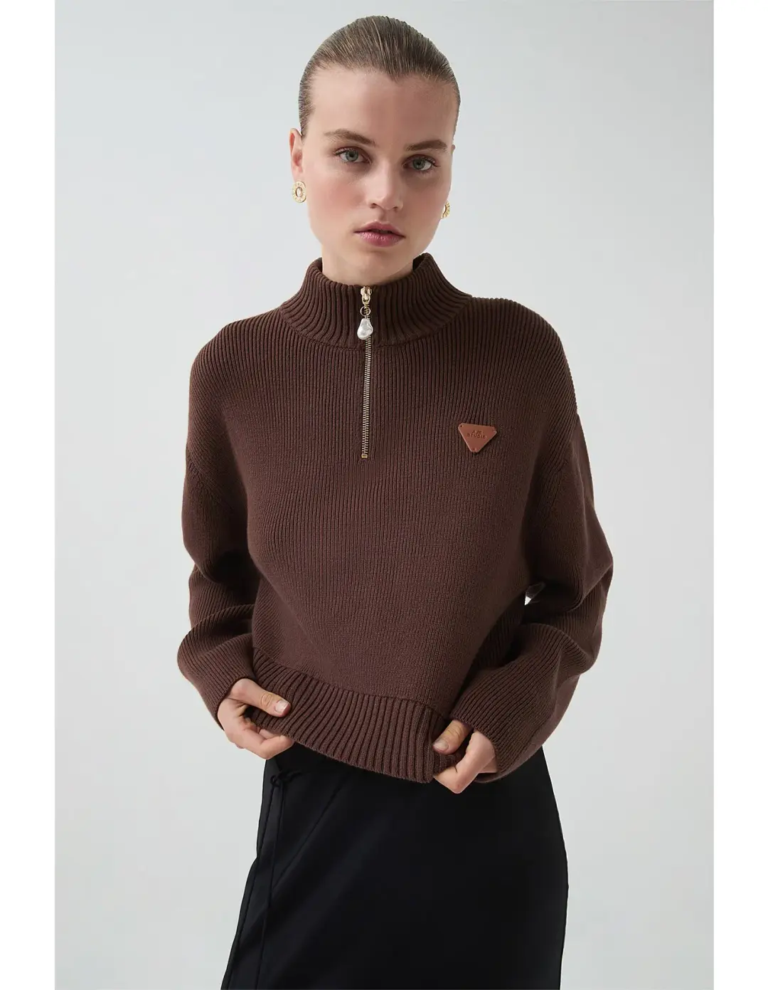 Aje Naia Quarter Zip Knit in Chocolate Brown Size  for rent on The Volte - main image