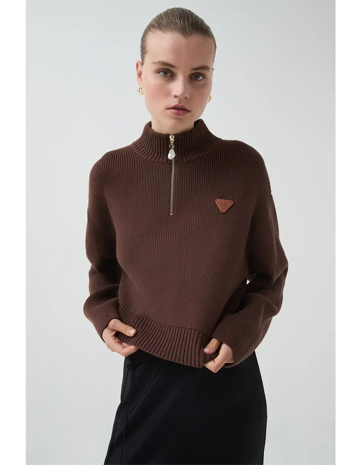 Aje Naia Quarter Zip Knit in Chocolate Brown Size  - Image 2