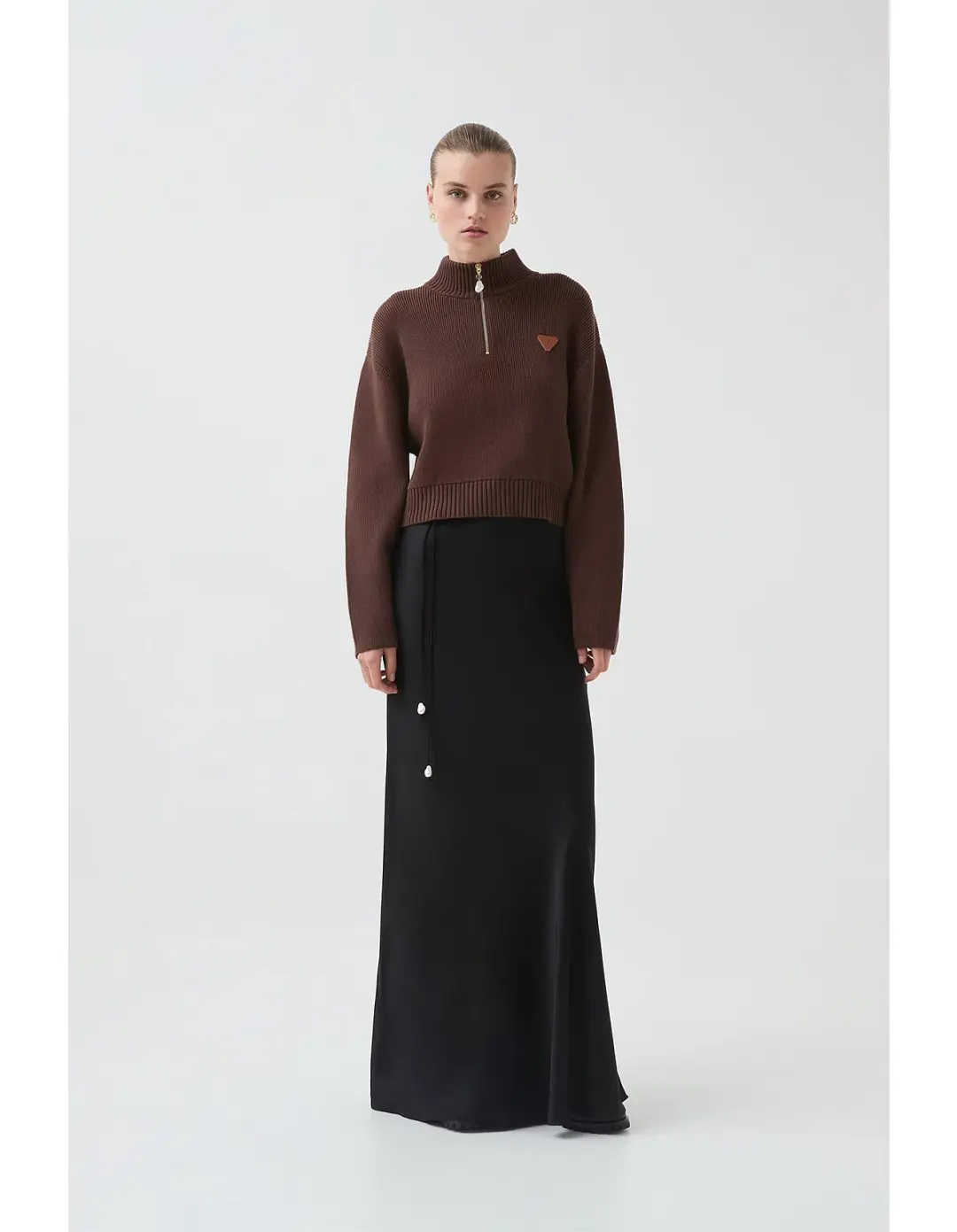 Aje Naia Quarter Zip Knit in Chocolate Brown Size  for rent on The Volte - main image