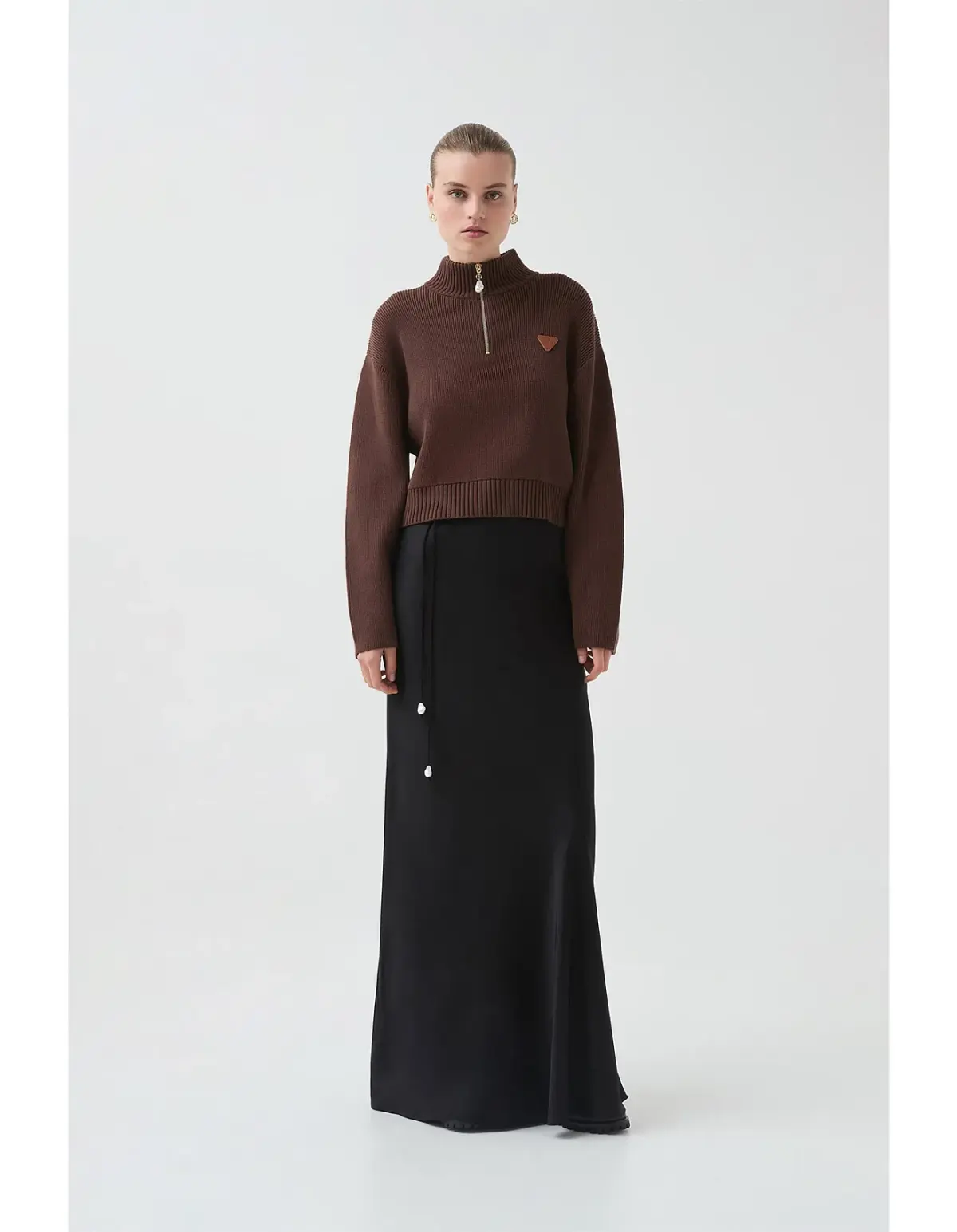 Aje Naia Quarter Zip Knit in Chocolate Brown Size  - Image 1