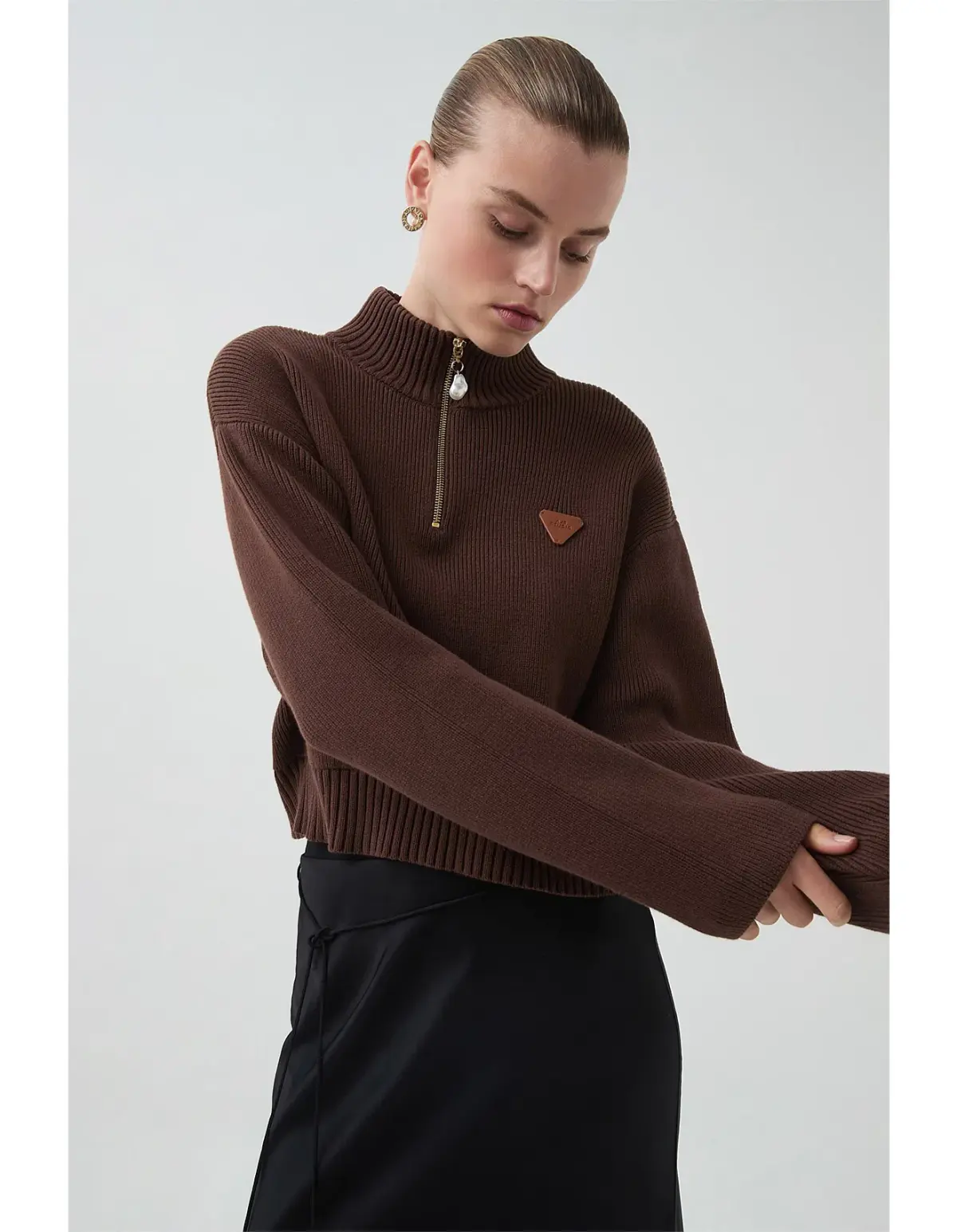 Aje Naia Quarter Zip Knit in Chocolate Brown Size  - Image 4