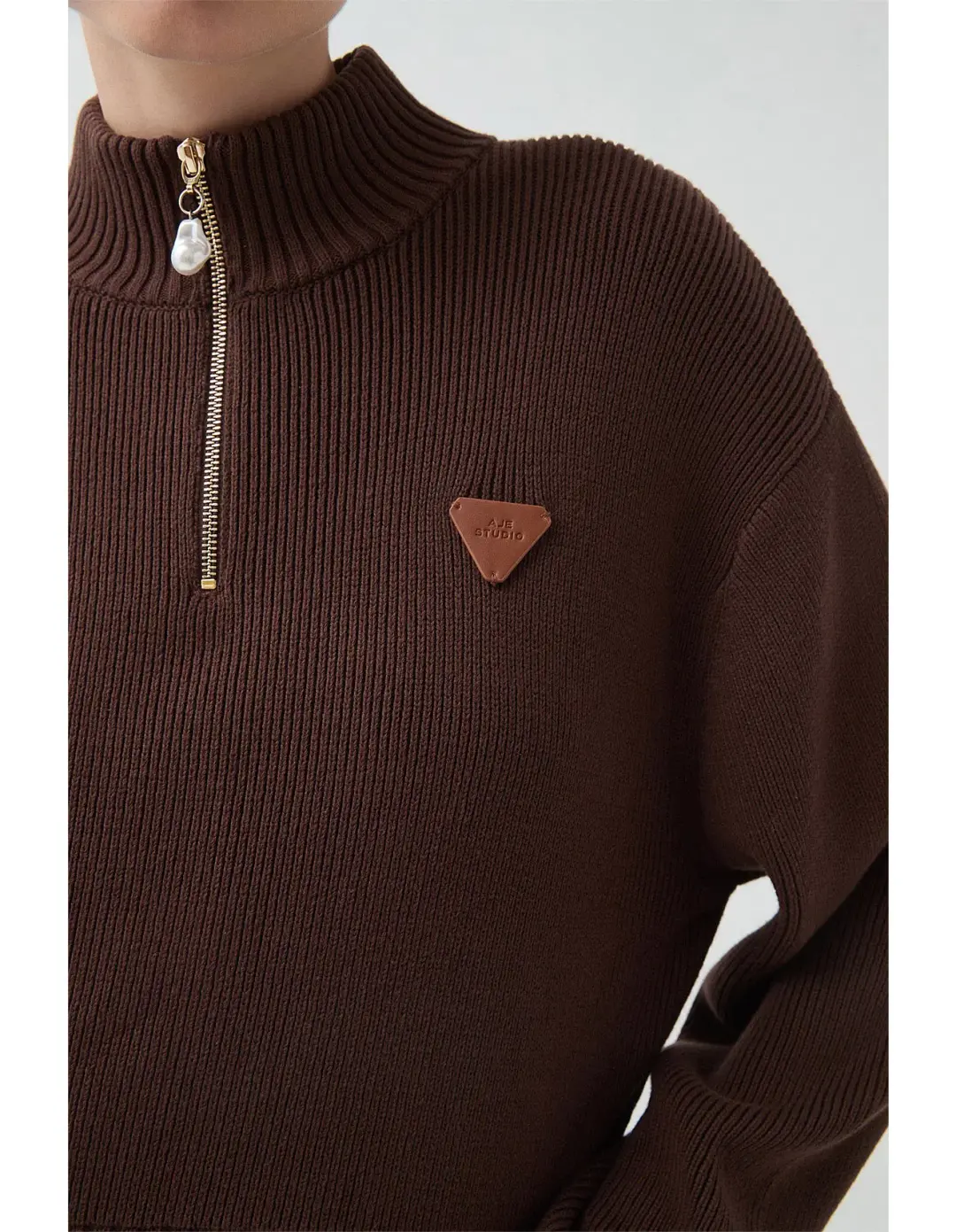 Aje Naia Quarter Zip Knit in Chocolate Brown Size  for rent on The Volte - main image