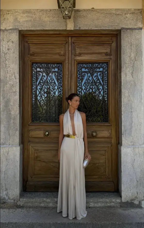 Ance Gria Odette Full Length Gown in Stone Size 8 for rent on The Volte - main image