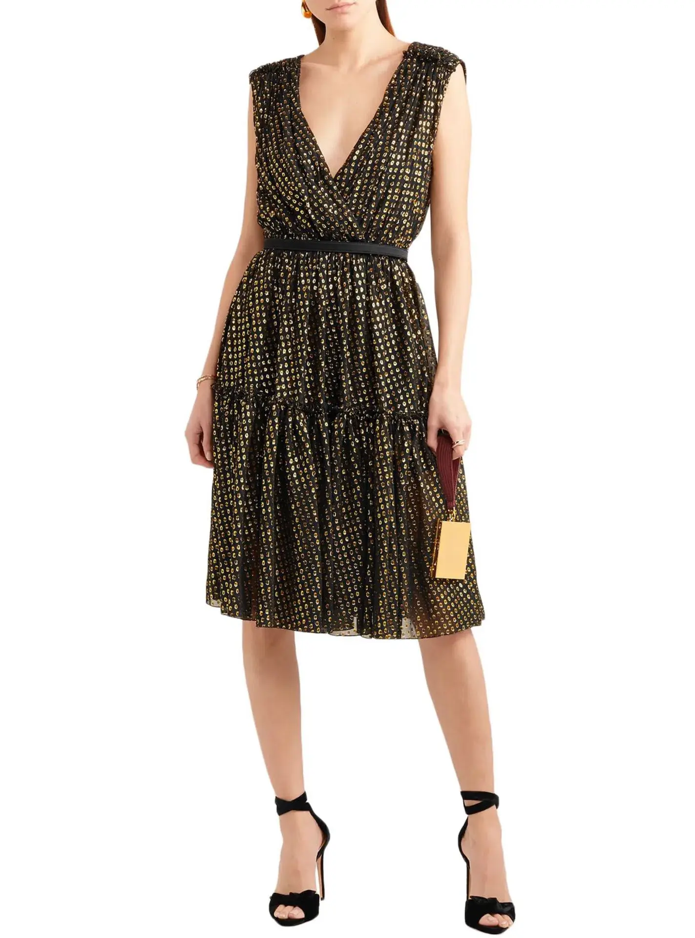 Stella McCartney Belted Metallic Fil Coupé Silk Blend Dress Black/Gold Lamé Dotted Size 38 / AU 8 - Image 1