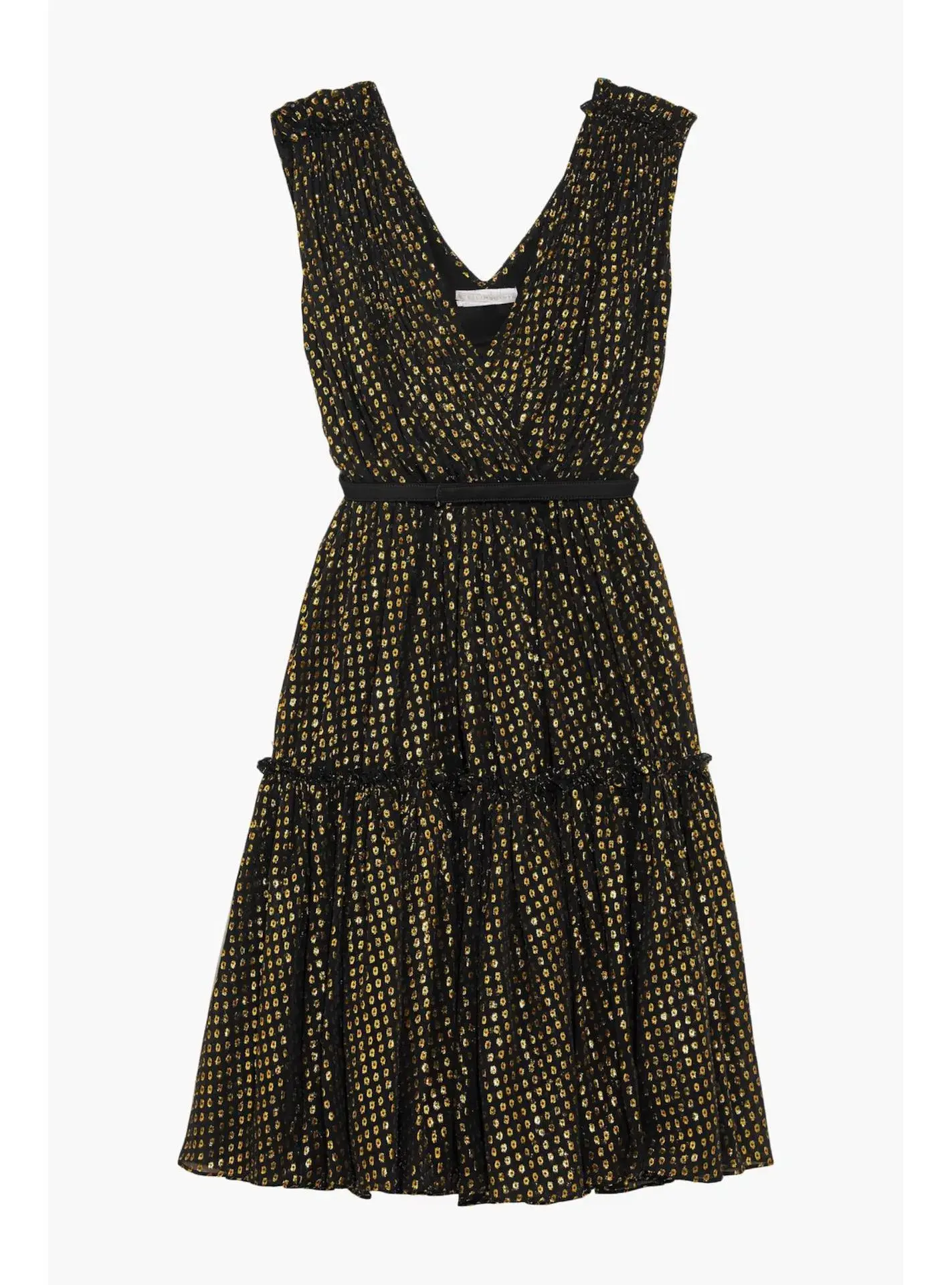 Stella McCartney Belted Metallic Fil Coupé Silk Blend Dress Black/Gold Lamé Dotted Size 38 / AU 8 - Image 3