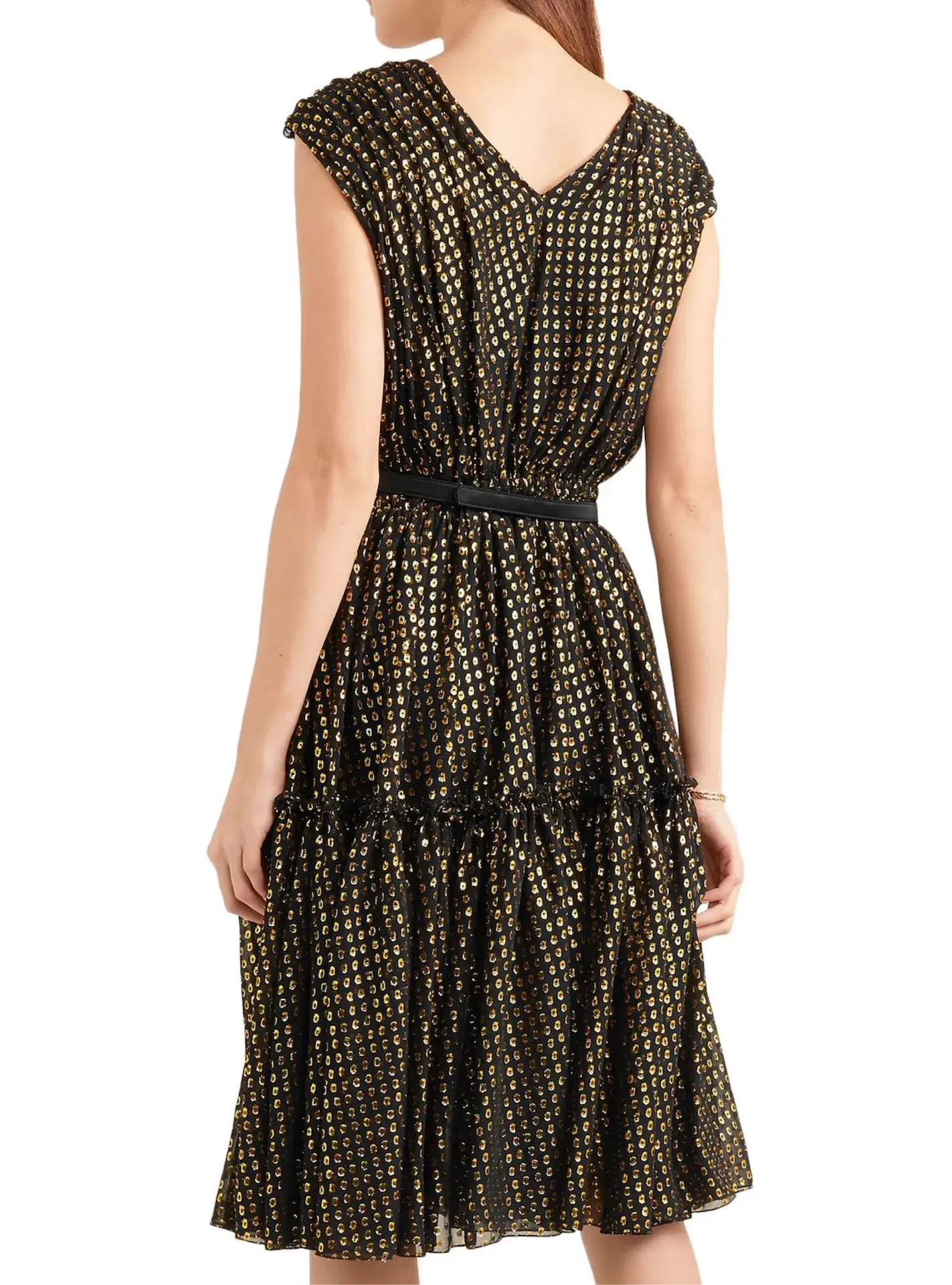 Stella McCartney Belted Metallic Fil Coupé Silk Blend Dress Black/Gold Lamé Dotted Size 38 / AU 8 - Image 2