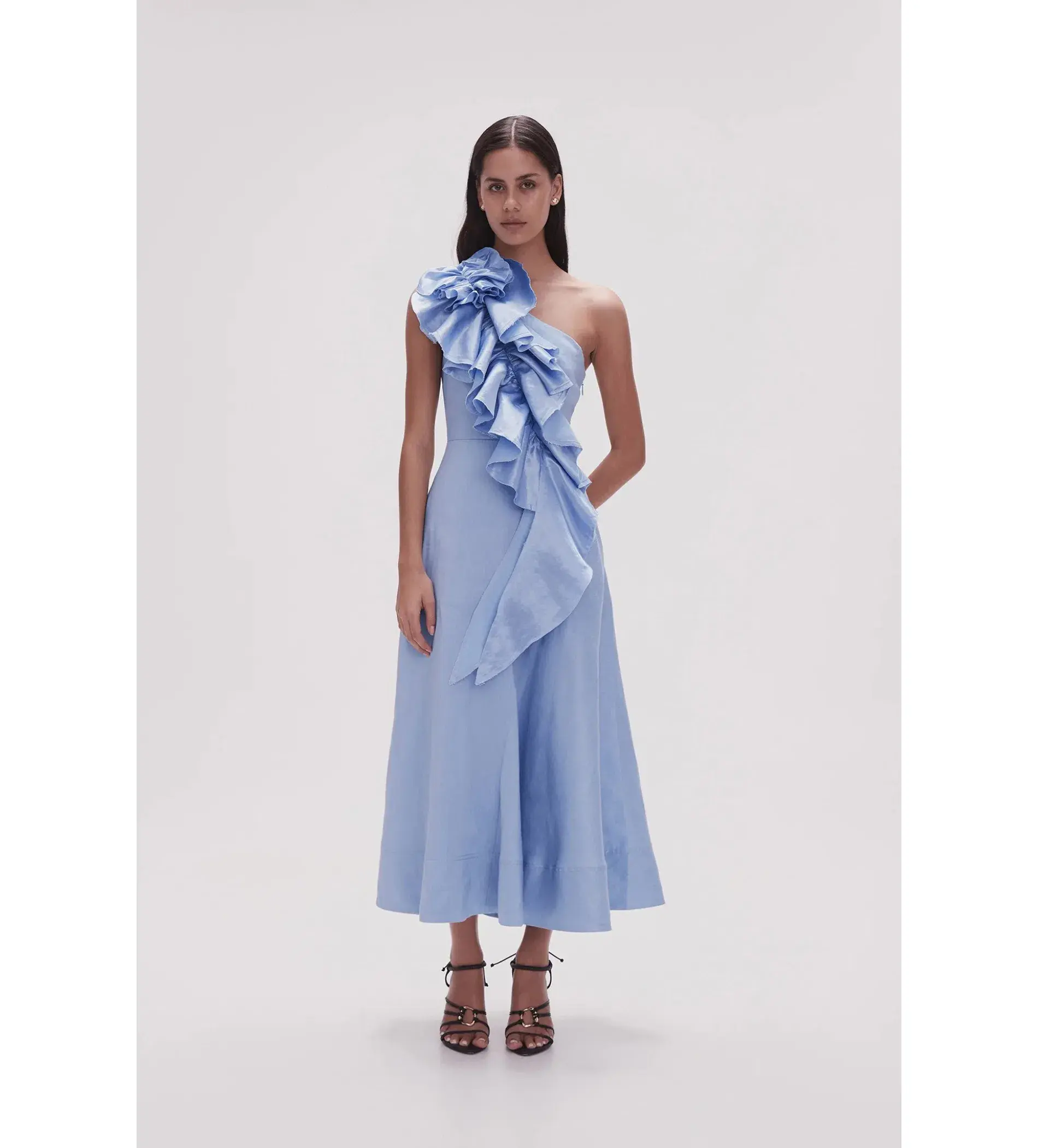 Aje Adelia Ruffle Midi Dress Light Sky Blue Size AU 6 - Image 1