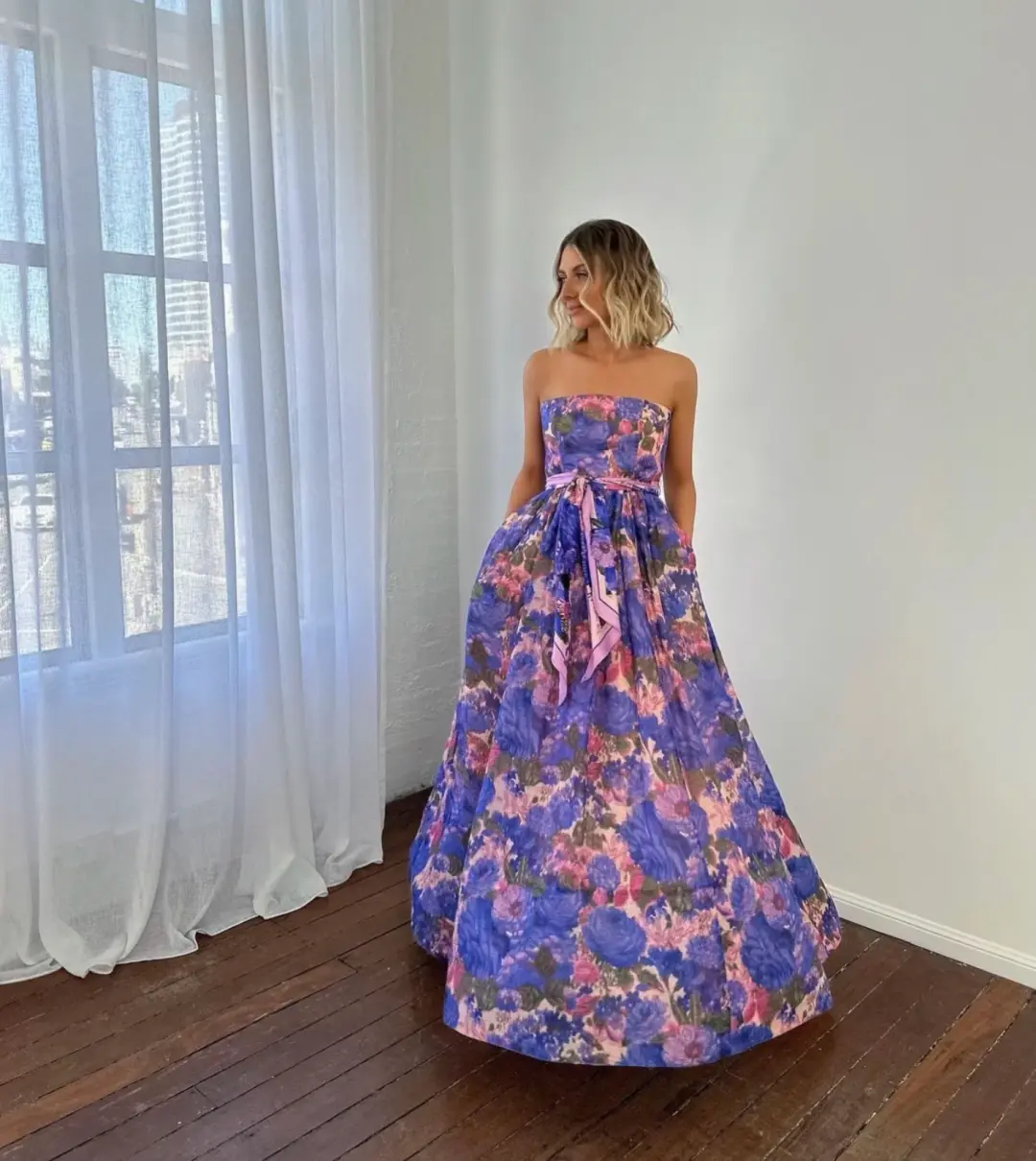 Zimmermann High Tide Strapless Maxi Dress Purple Ikat Floral Size 1 / AU 10 for rent on The Volte - main image
