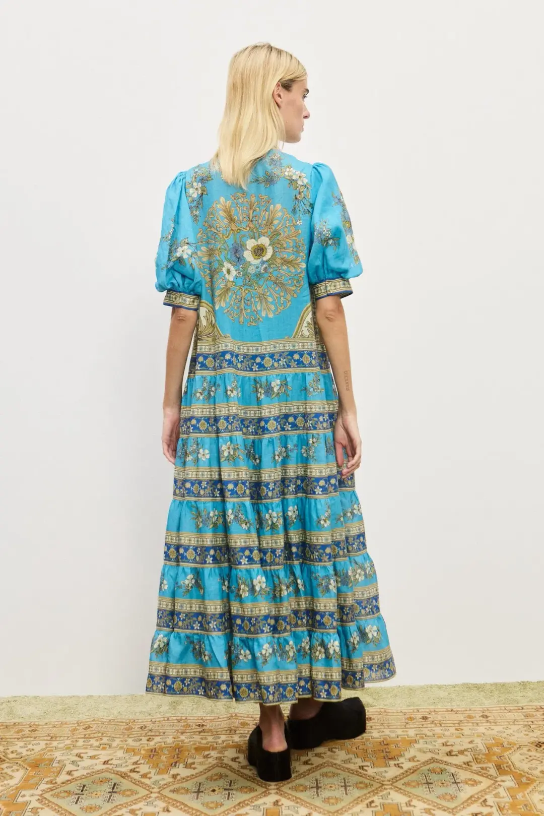 Alemais Cassie Tiered Midi Dress Blue Floral Print Size 10 for rent on The Volte - main image