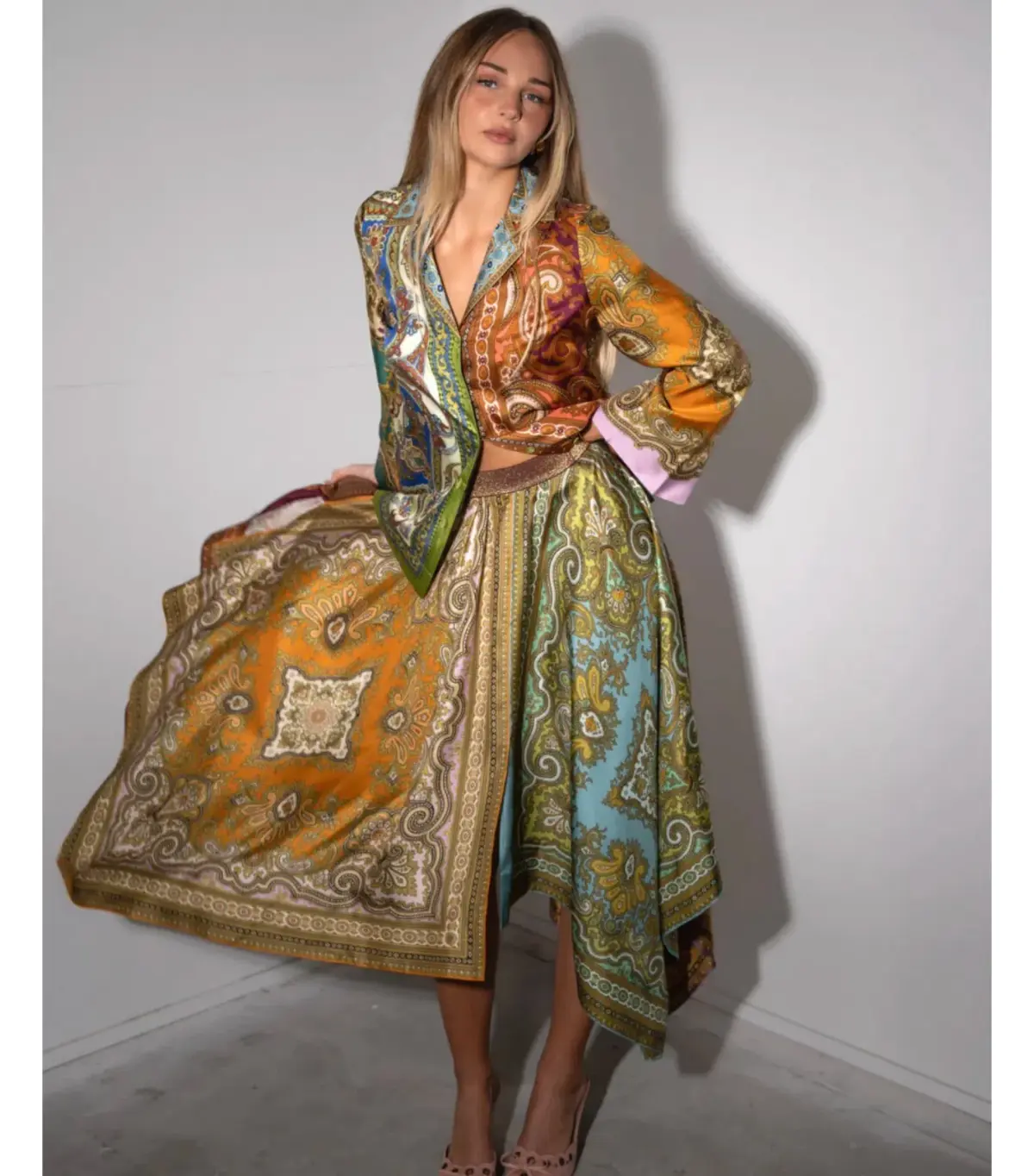 Alemais Clemenza Spliced Silk Shirt and Scarf Skirt Set Multi Size AU 8 - Image 3