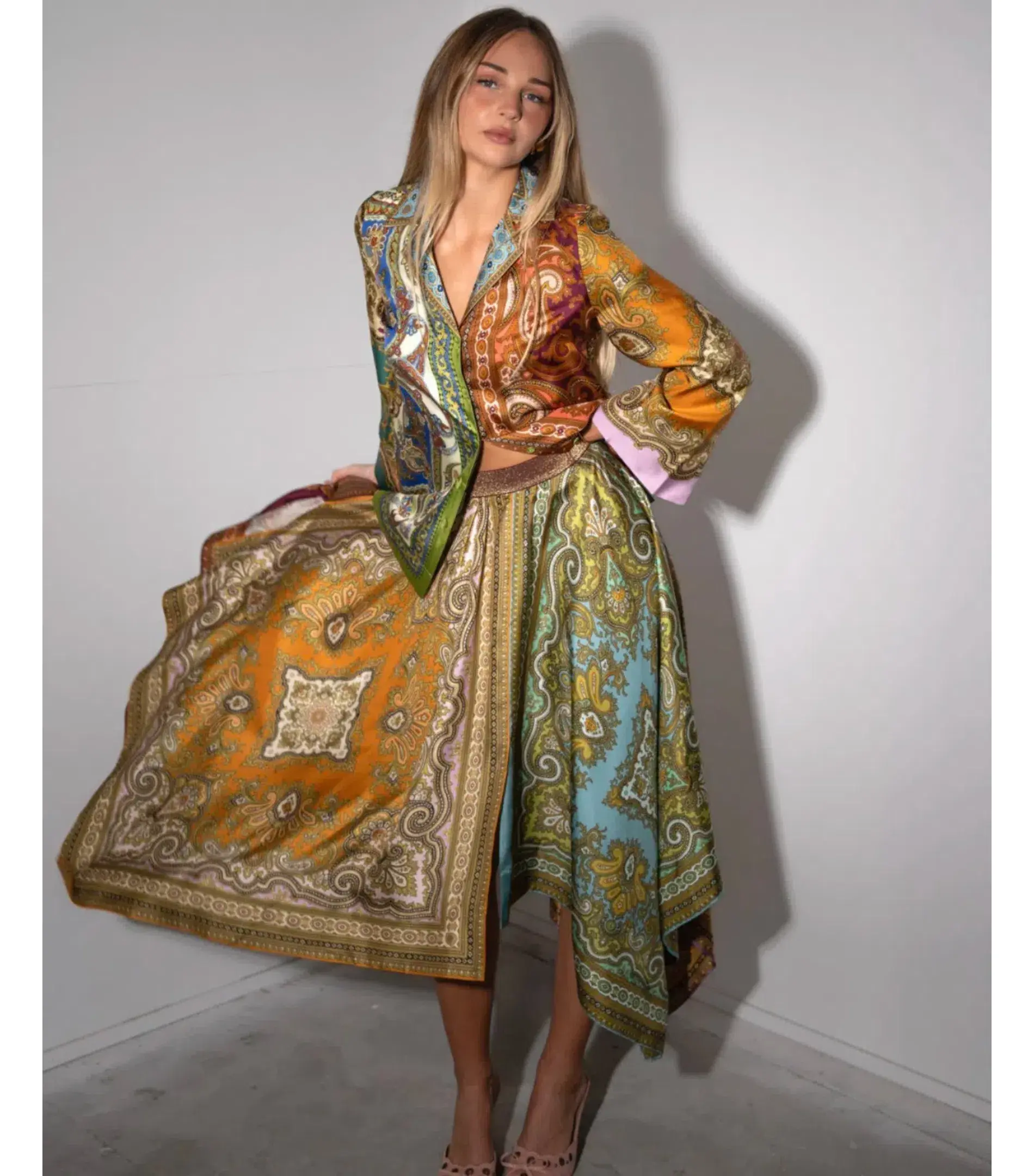 Alemais Clemenza Spliced Silk Shirt and Scarf Skirt Set Multi Size AU 8 - Image 3