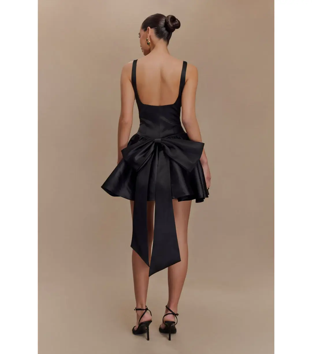 Meshki Felicia Satin Mini Dress With Bow in Black Size 8/S  for rent on The Volte - main image