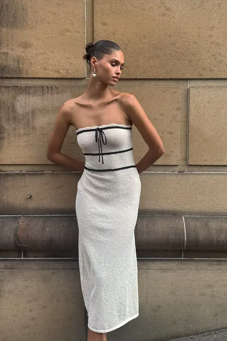 Strapless Knit Midi Dress With bow in Cream Size 12/L - Image 1