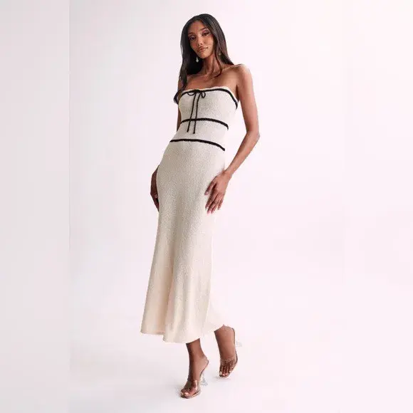 Strapless Knit Midi Dress With bow in Cream Size 12/L - Image 2