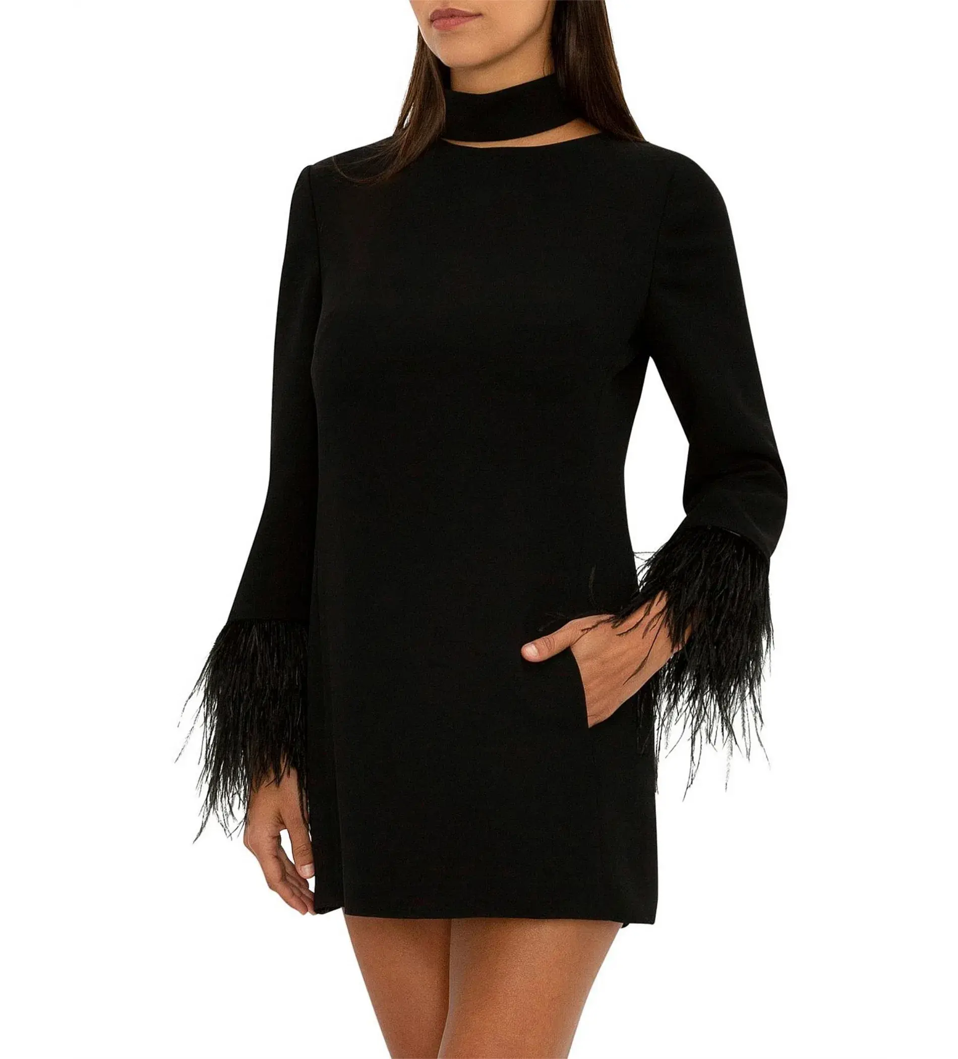 Carla Zampatti Feather Trim Mini Dress Black Size 6 - Image 3