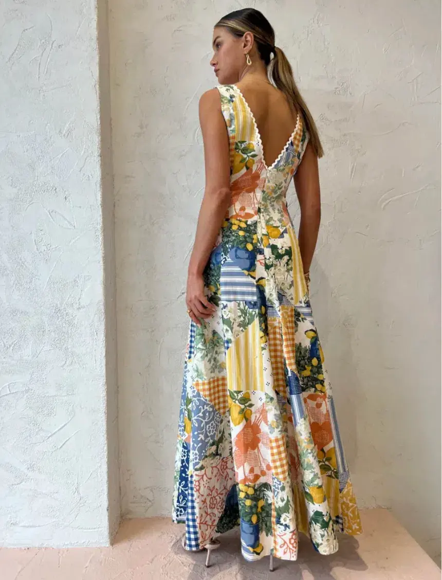 By Nicola Wavy Maxi Dress in Lemon Patchwork Size 10 - Image 3