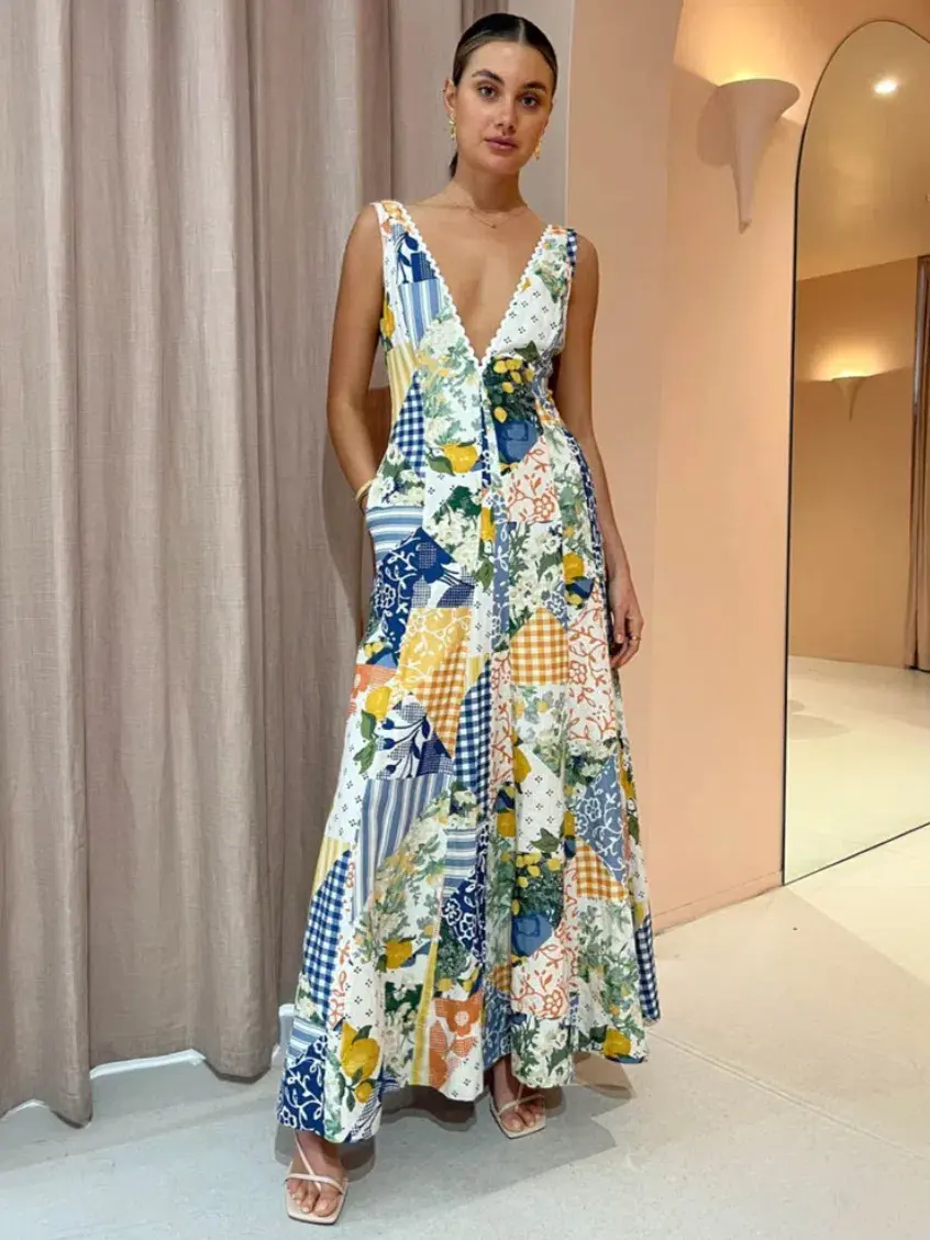 By Nicola Wavy Maxi Dress in Lemon Patchwork Size 10 - Image 1