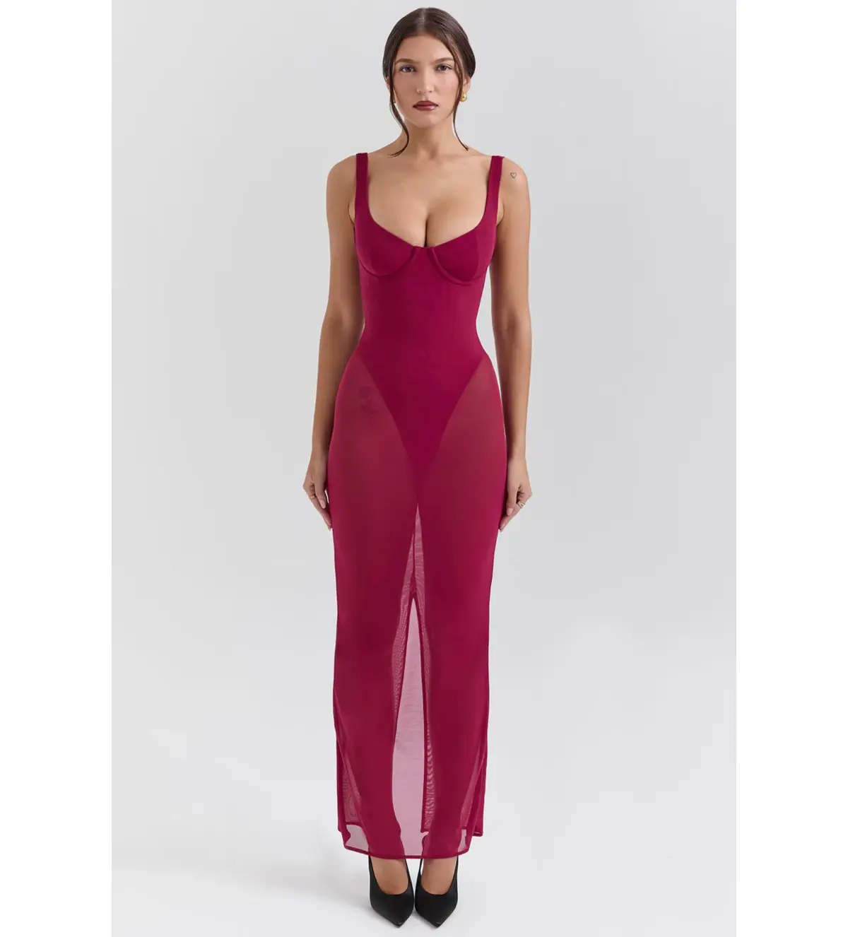 House Of CB Robina Stretch Mesh Maxi Dress Wine Size 8 - Image 1