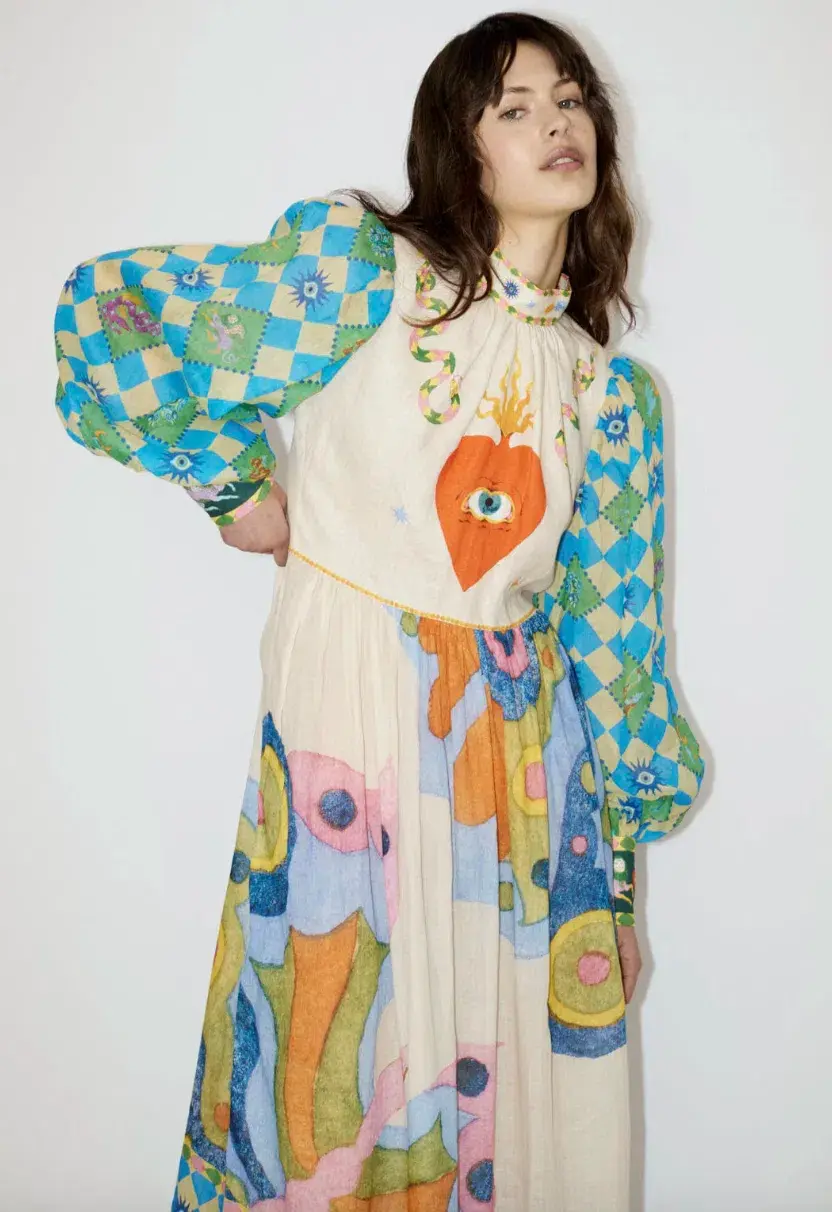 Alemais Lou Balloon Sleeve Midi Dress Multi Size AU 10 - Image 4