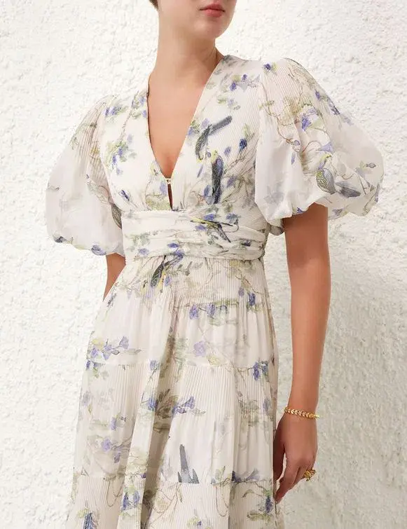 Zimmermann Pleated Midi Dress Blue Birds Size 3 AU 14 - Image 3